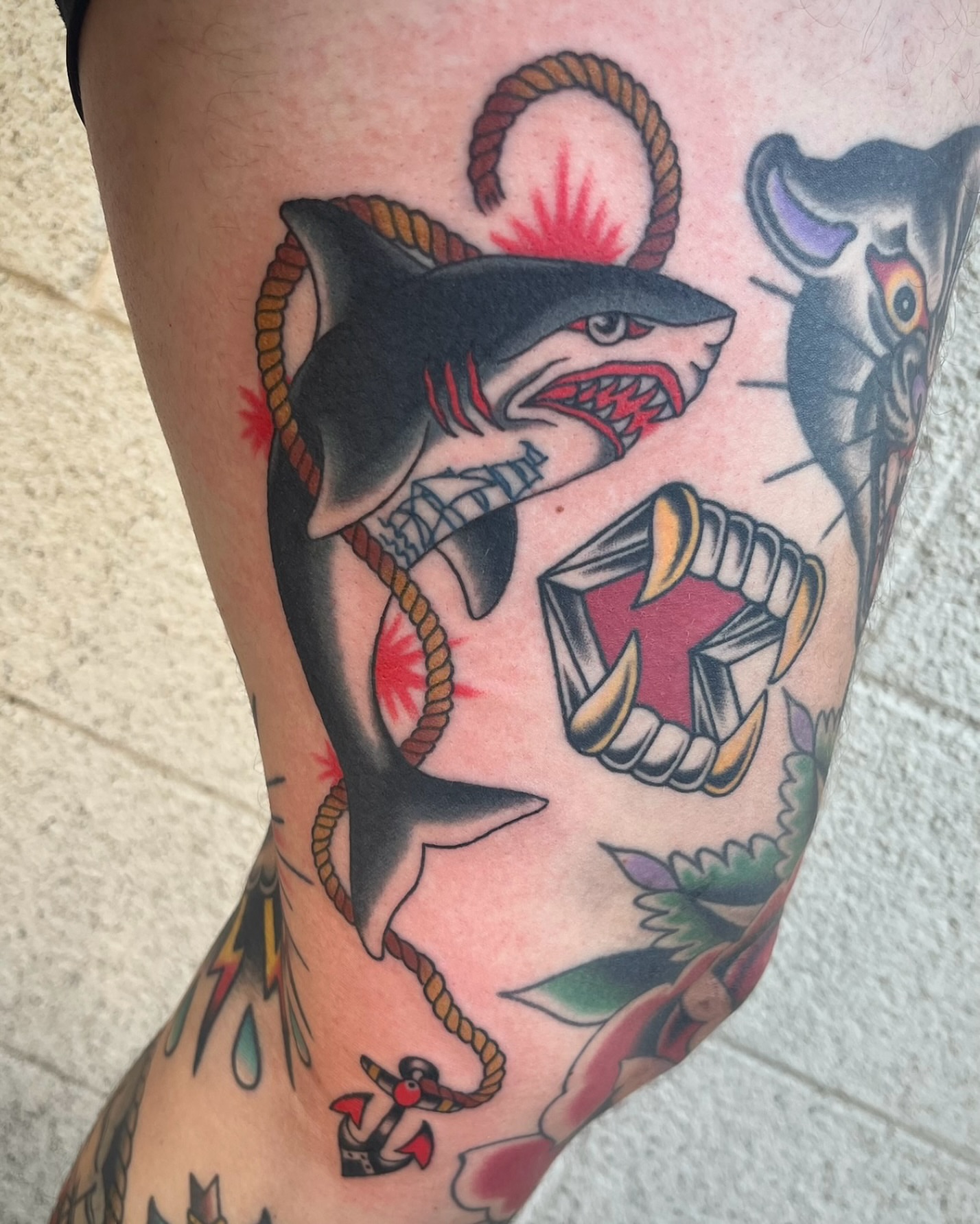 Shark and rope American traditional tattoo on the forearm by Tiffani Thompson, San Diego, California