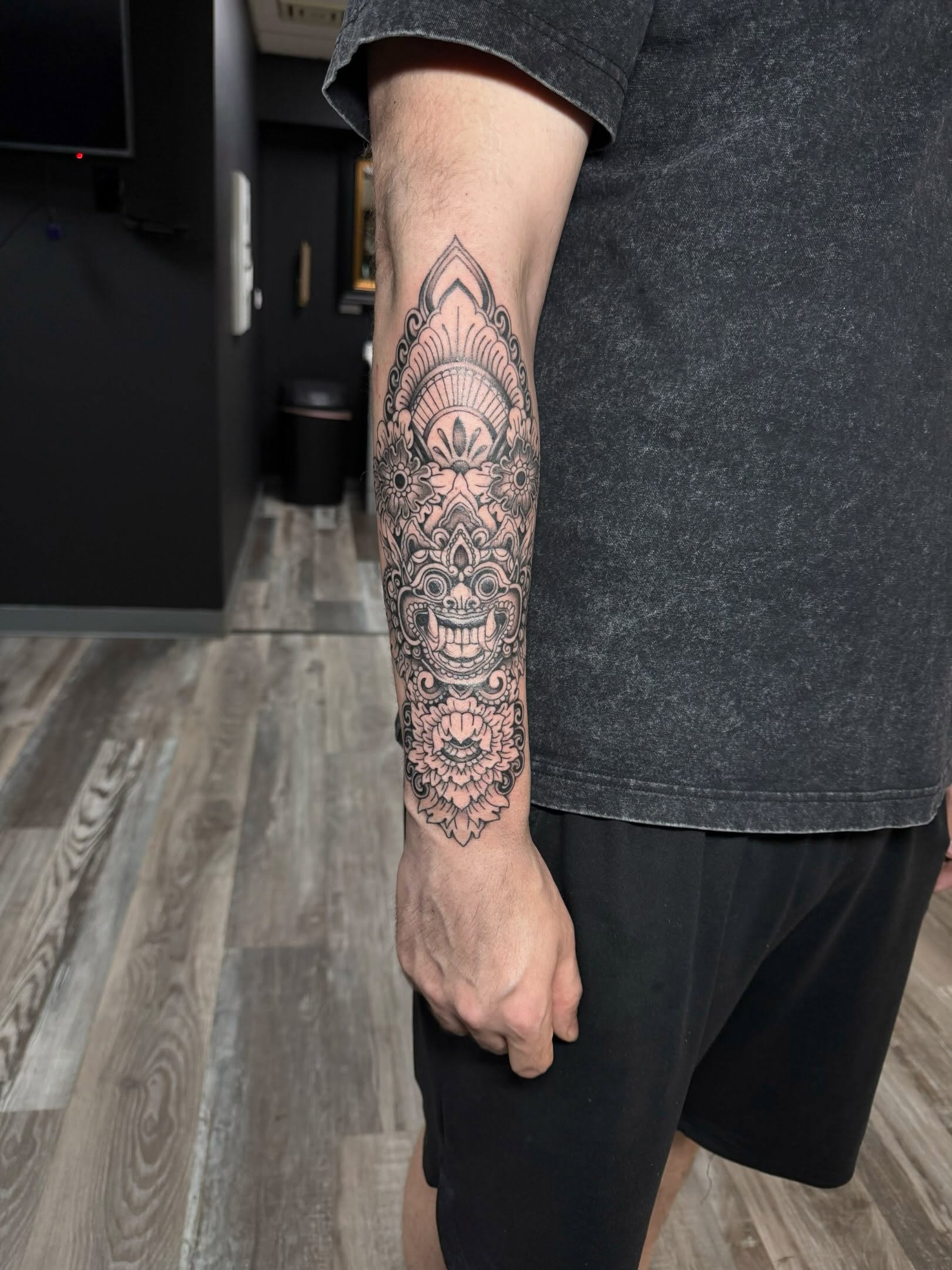 Mask black and grey tattoo on the forearm by ✶ teryn ✶, Akron, Ohio