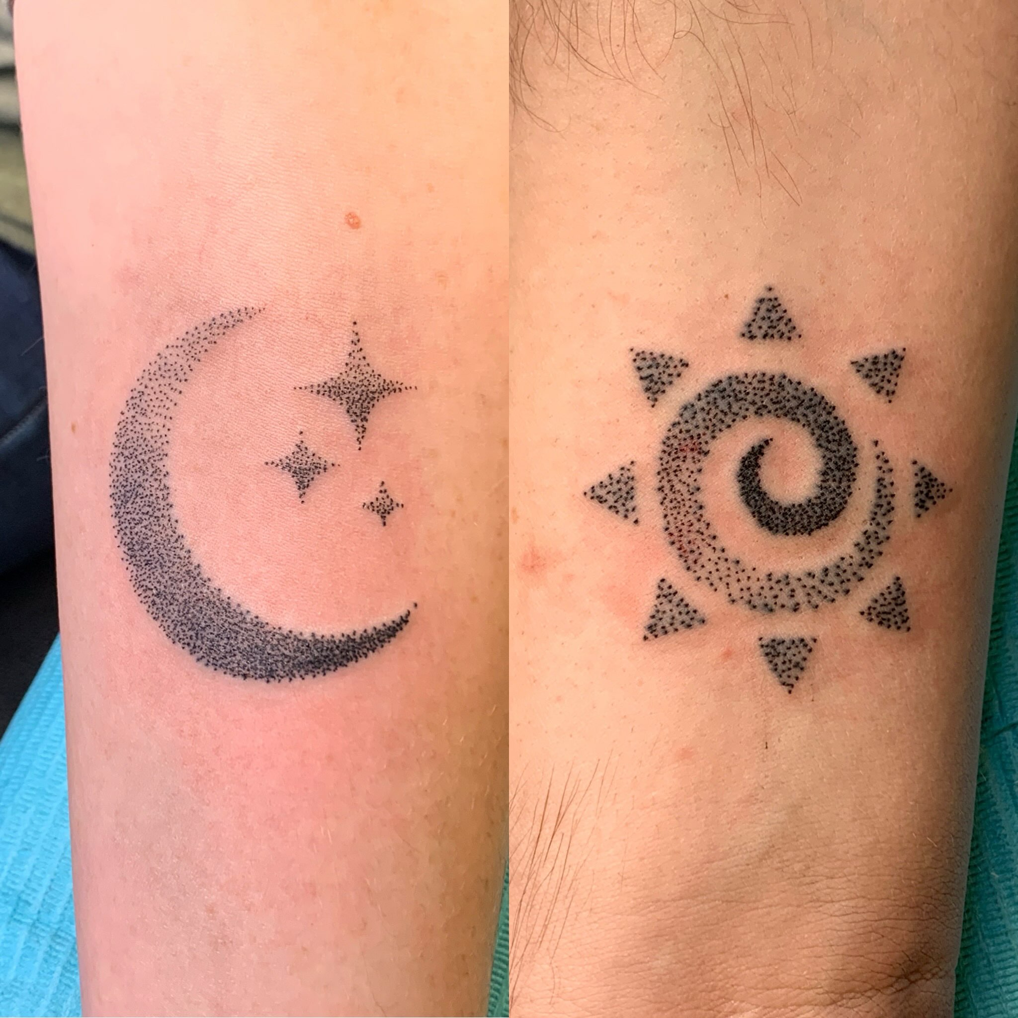 Moon and stars dotwork tattoo on the forearm by El Kapitan