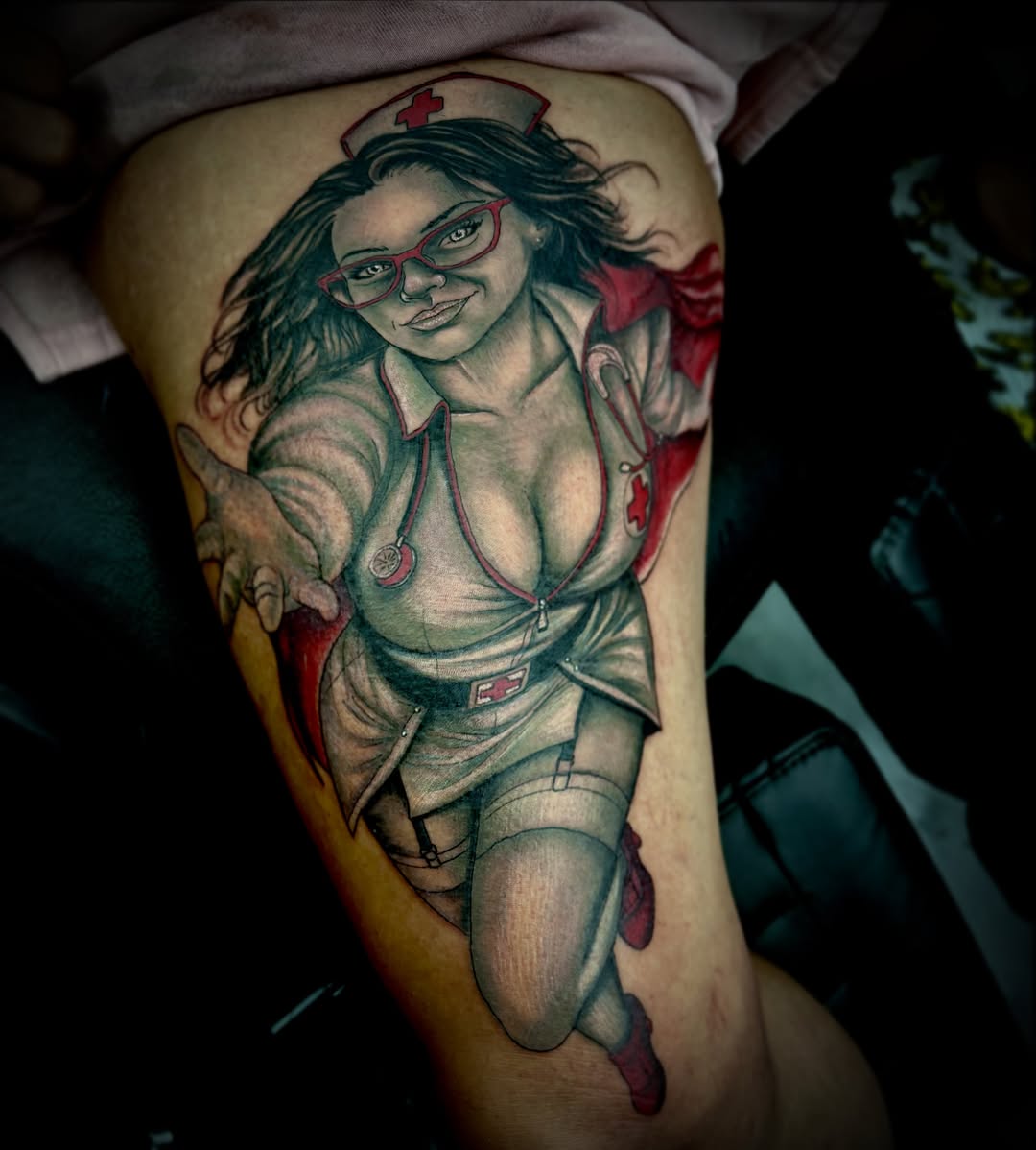 Nurse character realism tattoo on the thigh by Labbé
