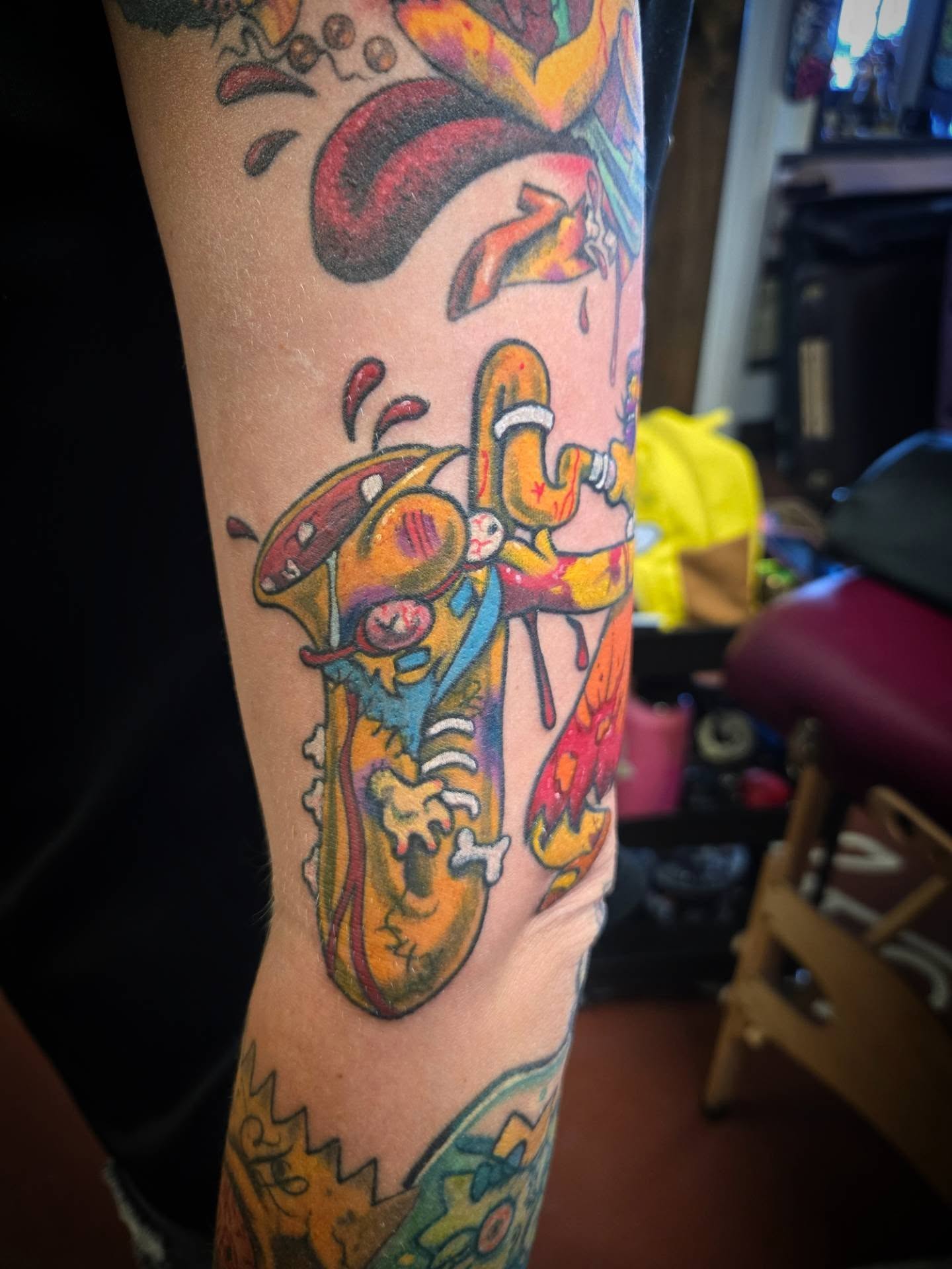 Mushroom and character new school tattoo on the forearm by Irma π€β¨, Las Vegas, Nevada