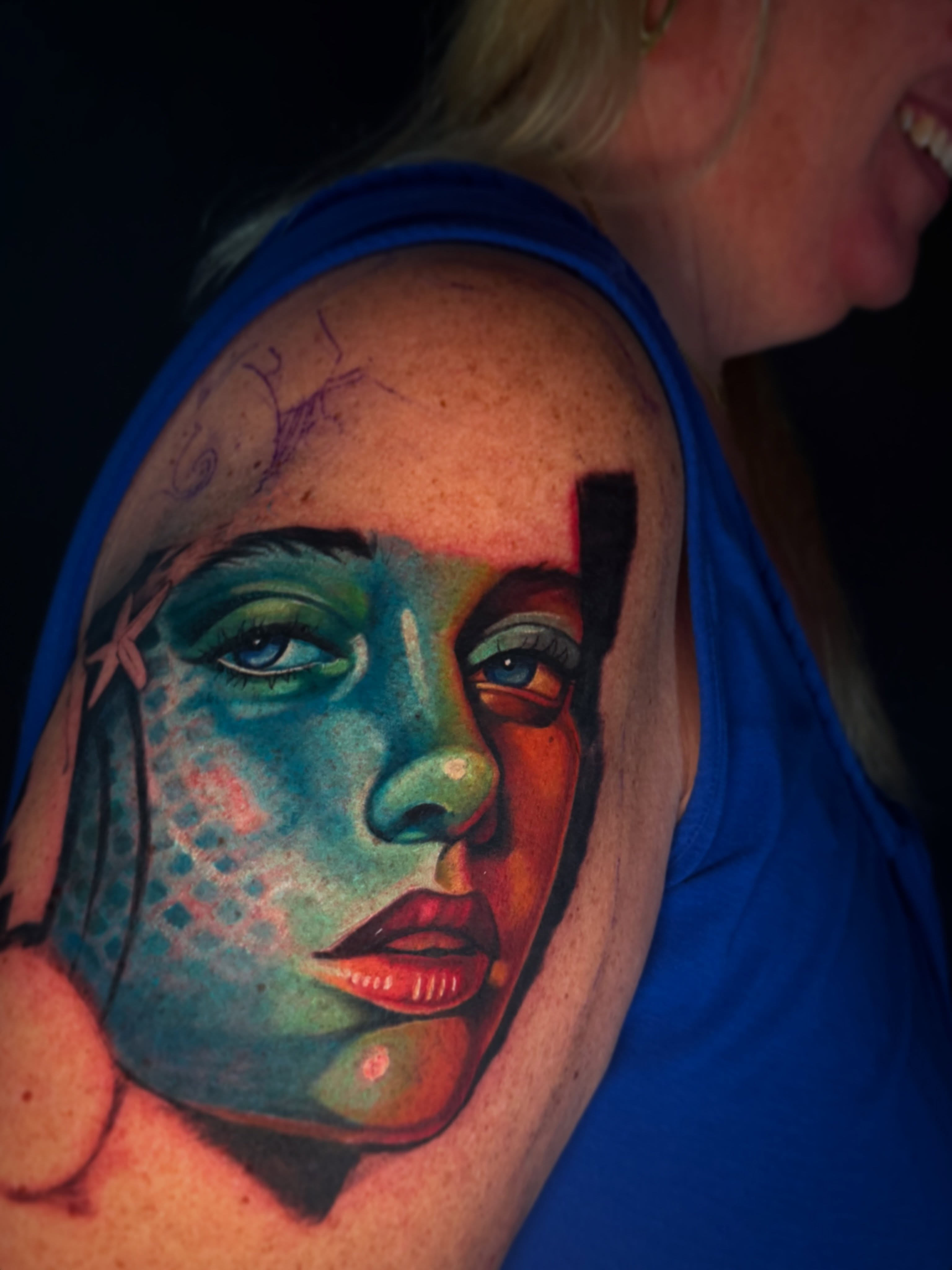 Portrait realism tattoo on the shoulder by ✨Meredith Brewington✨ Maryland Tattoo