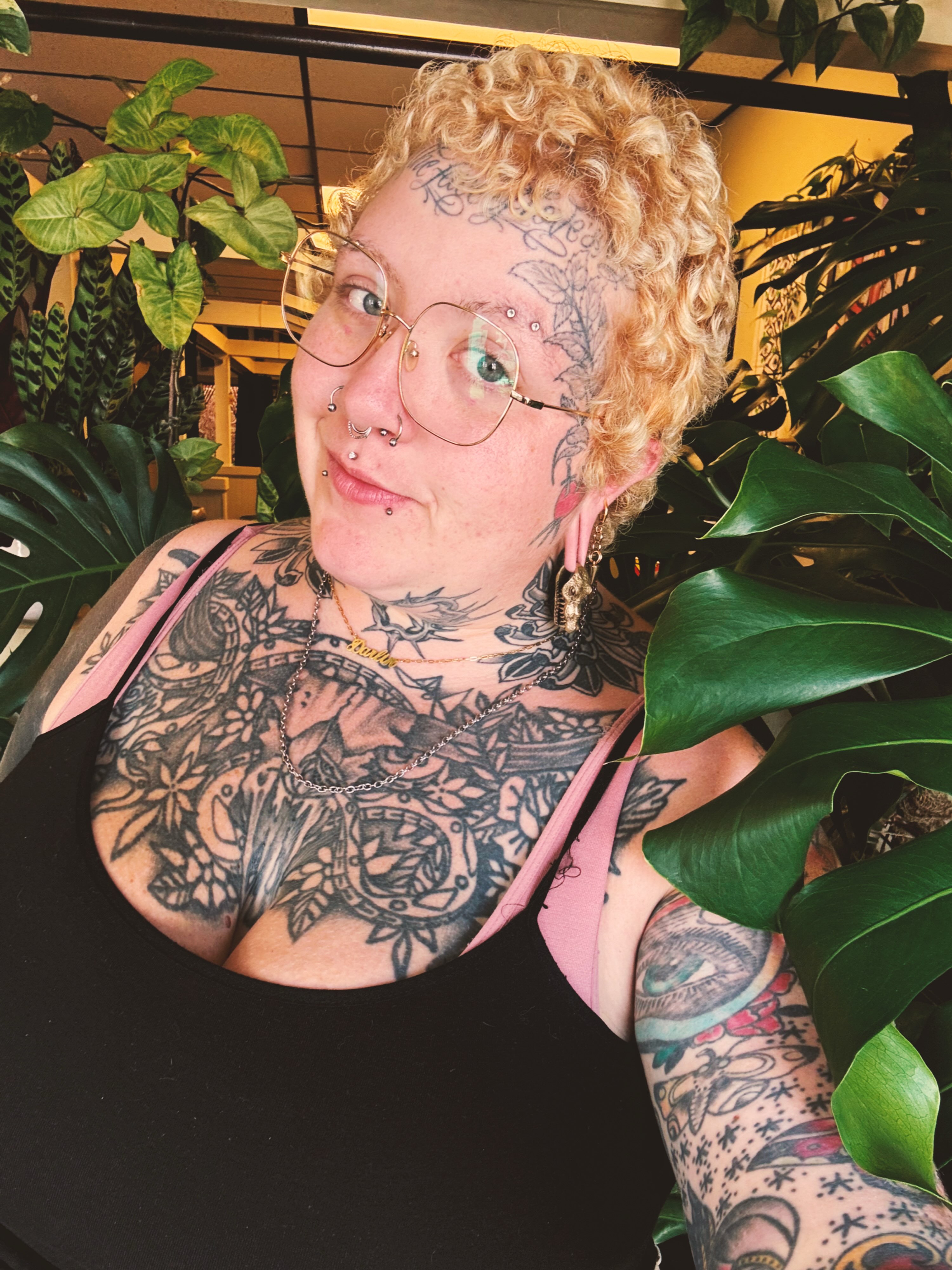Floral and geometric patterns American traditional tattoo on the torso by Alex Green, Nashville, Tennessee