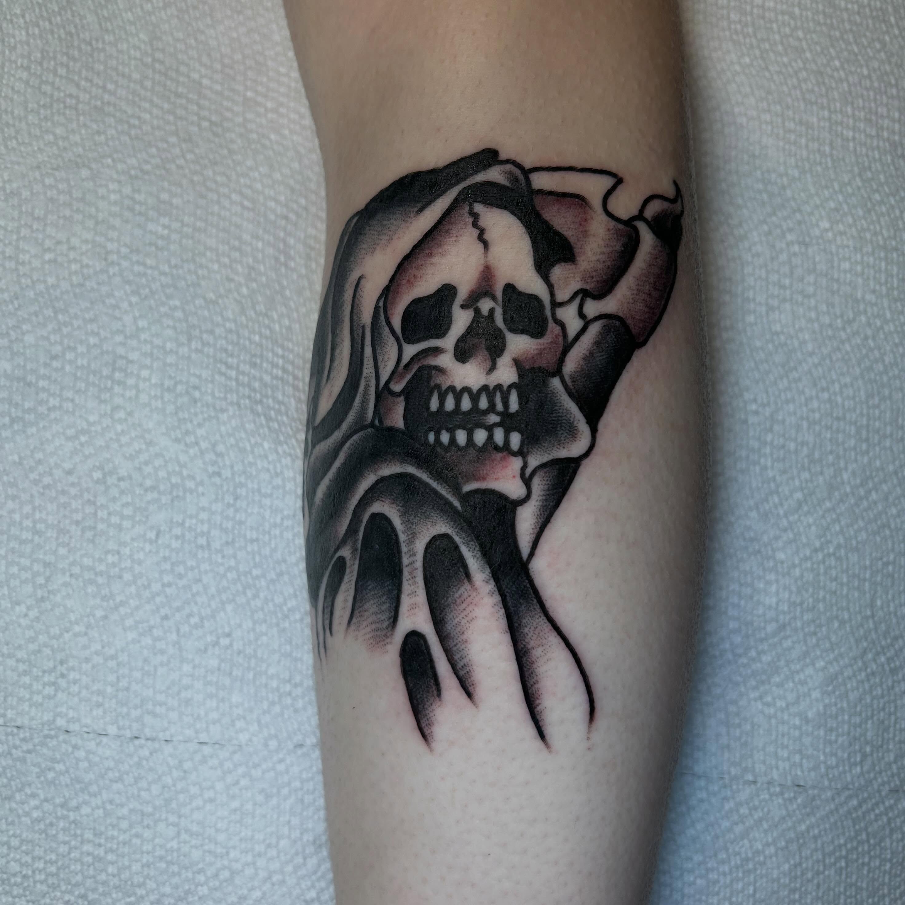 Skull black and grey tattoo on the forearm by Casey Lewis - Tattoo Artist, Cleveland Ohio