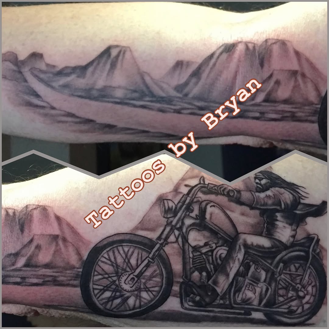 Motorcycle rider black and grey tattoo on the forearm by Bryan Hunt