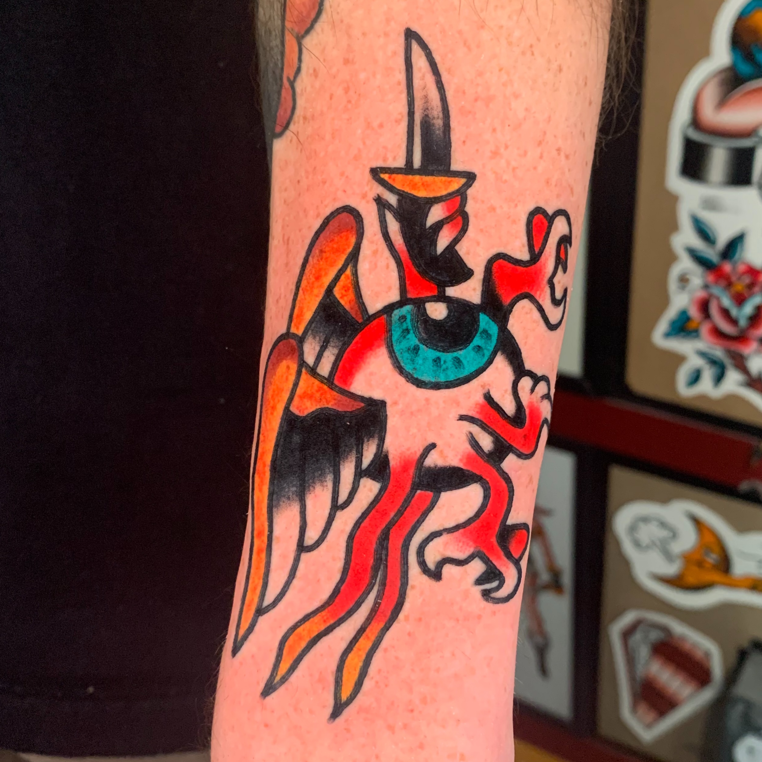 Cat with knife American traditional tattoo on the forearm by Like A Horse Corral