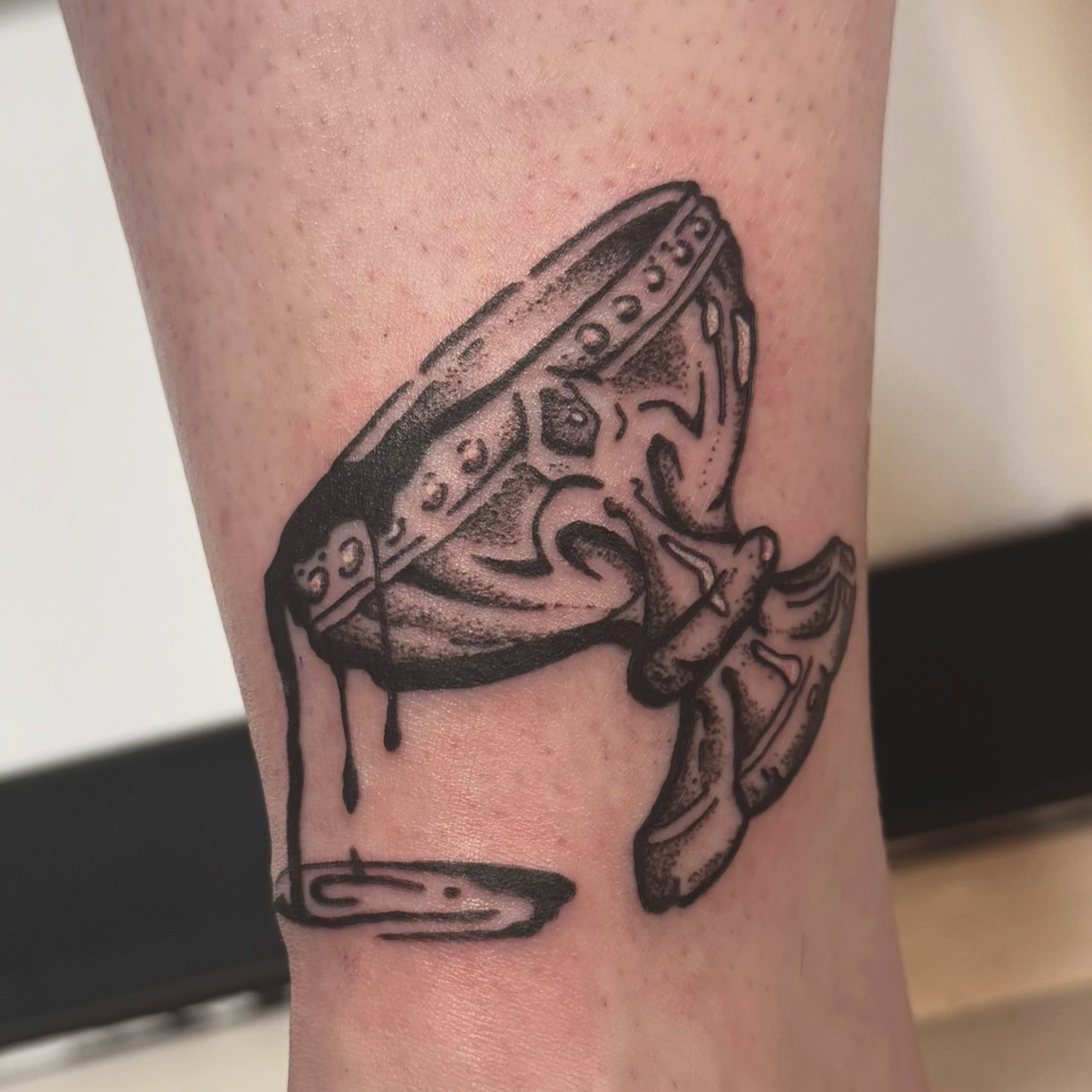 Alien spaceship dotwork tattoo on the forearm by jake.inks