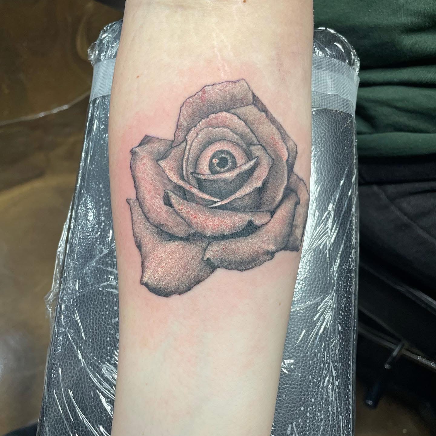 Rose dotwork tattoo on the forearm by Tatgunjoe, Salt Lake City, Utah