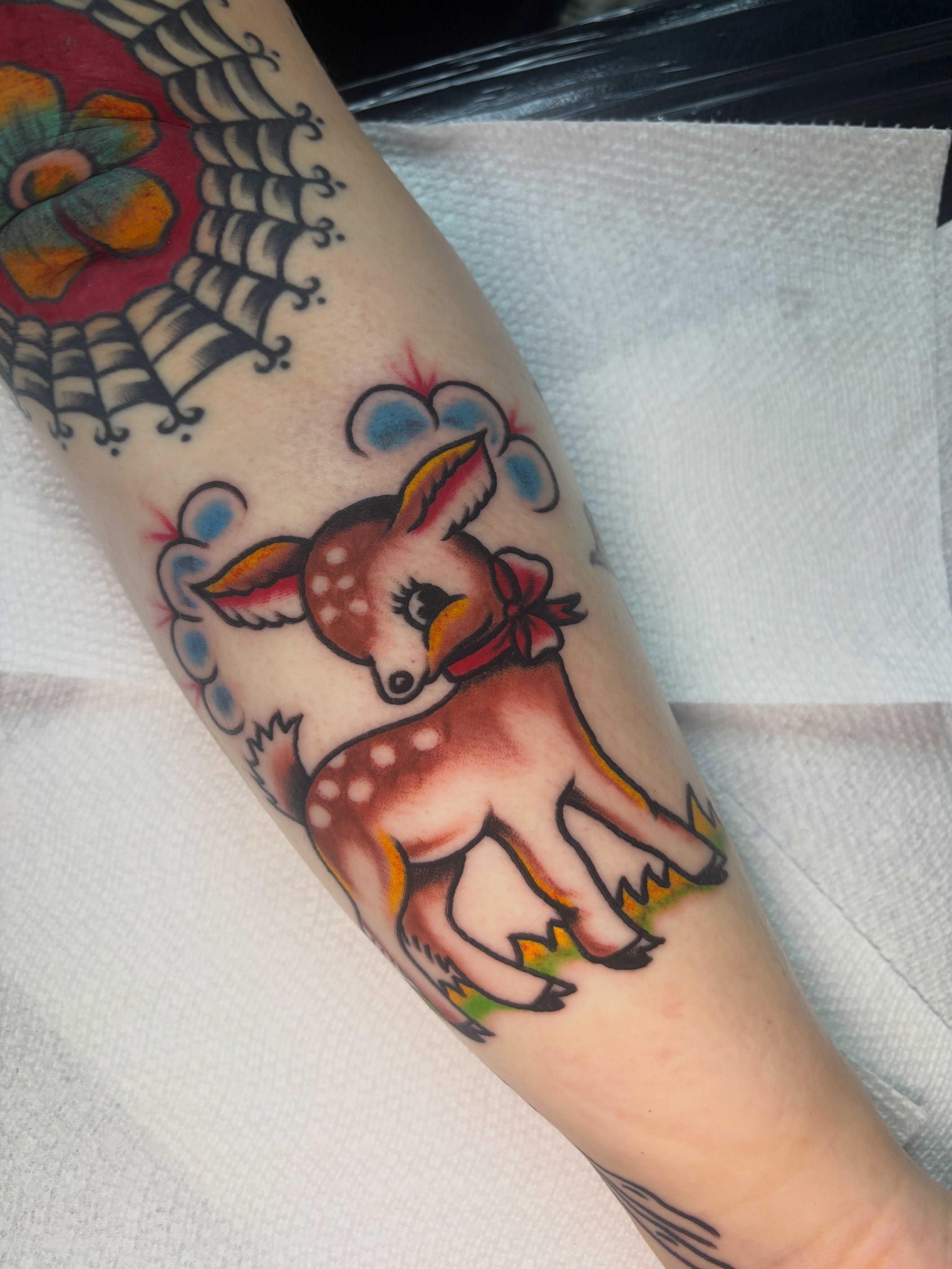 Deer with bow American traditional tattoo on the forearm by Bold Will Hold ๐ค