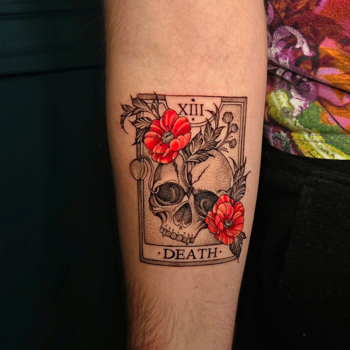 Death card neo-traditional tattoo on the forearm by Jesseca Chinchilla