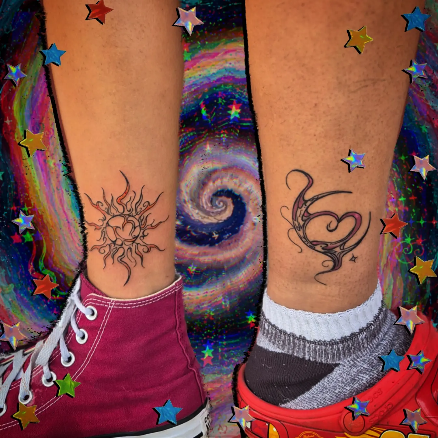 Sun and heart fine line tattoo on the calf by π΅ππππ§π»ββοΈβΛκ©ο½‘β