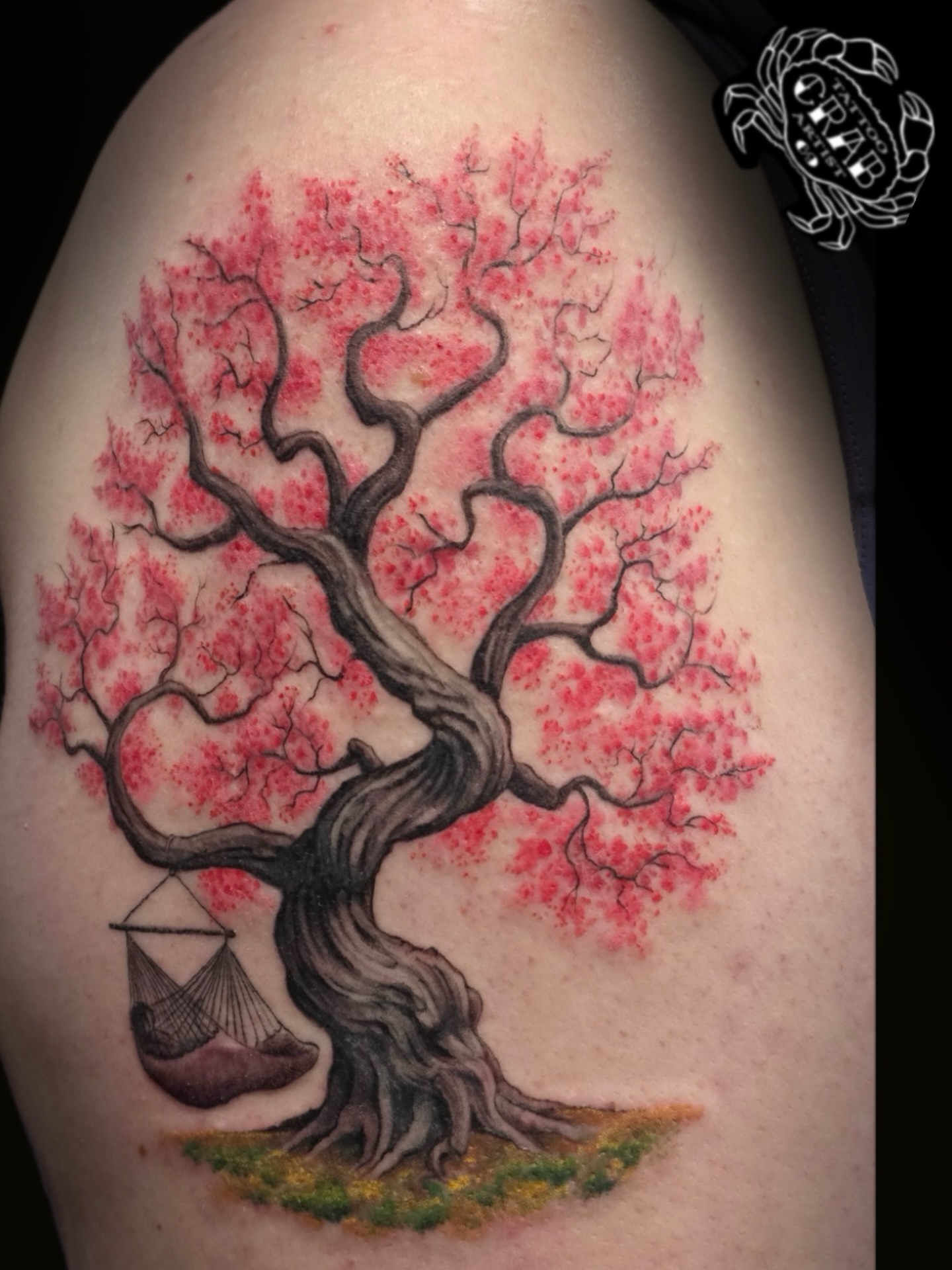 Cherry blossom tree realism tattoo on the shoulder by Martin Colonna