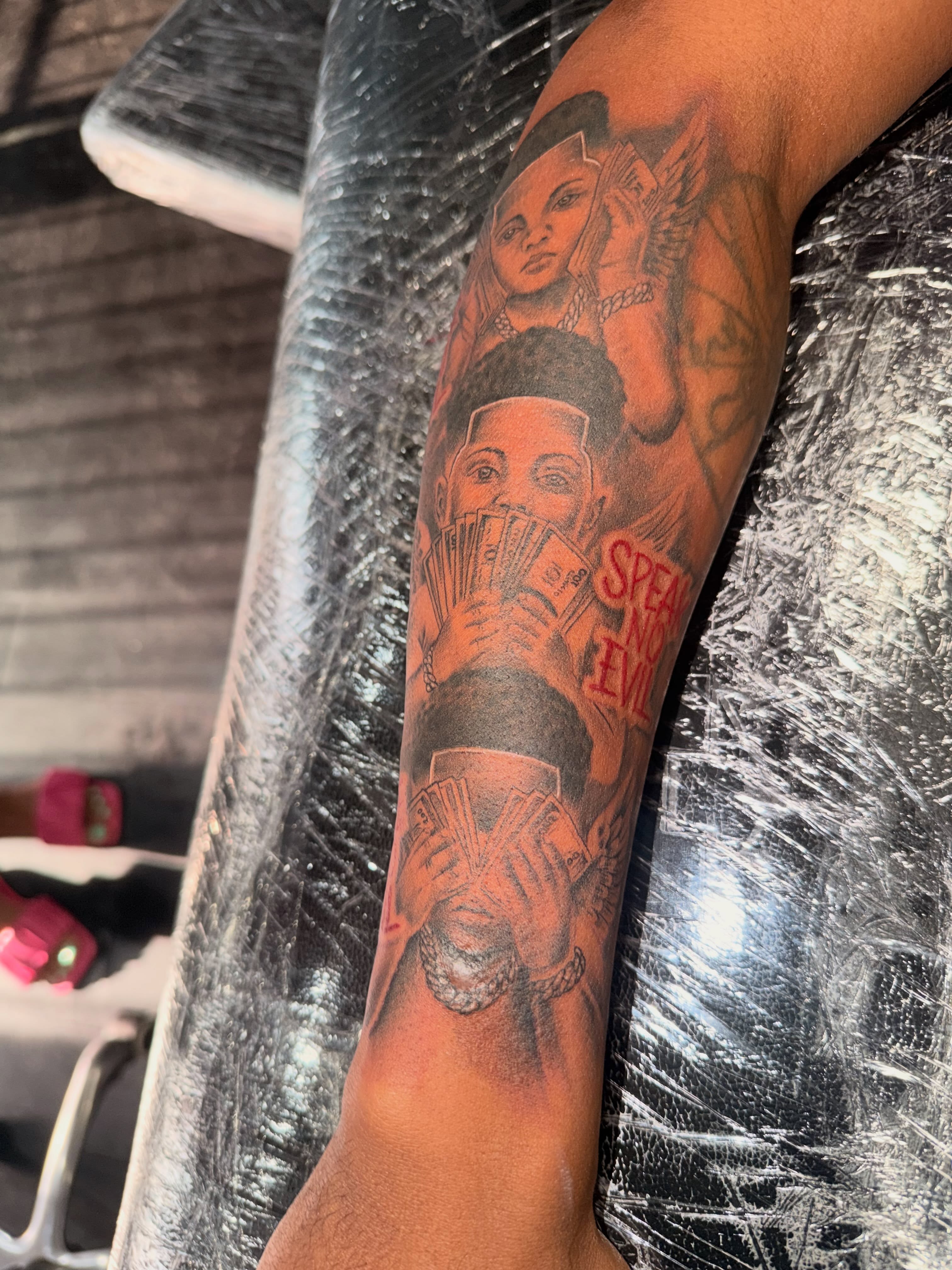 Three wise monkeys American traditional tattoo on the forearm by Clifford Jordan