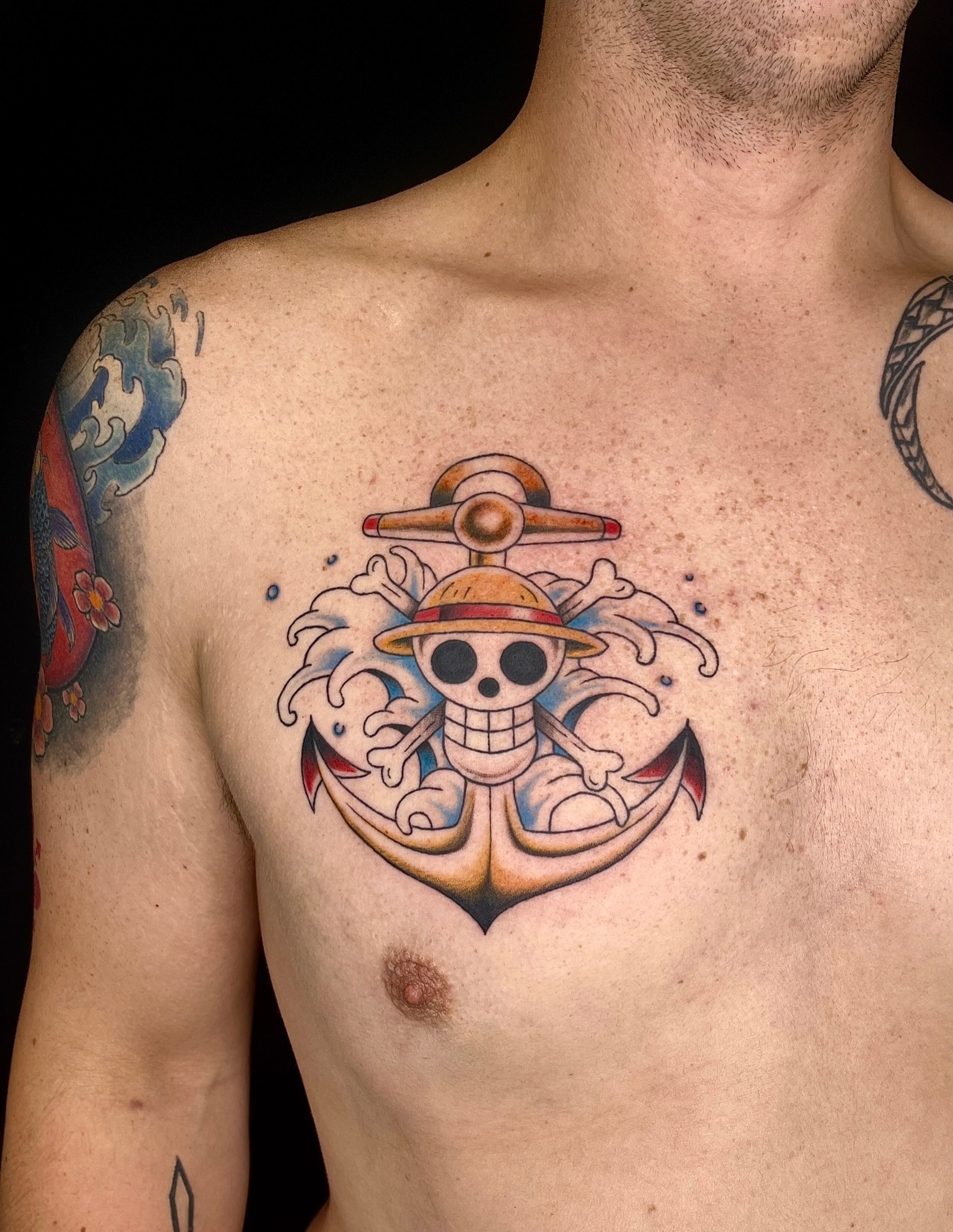 Anchor with skull American traditional tattoo on the chest by Chase Healey, Salt Lake City, Utah