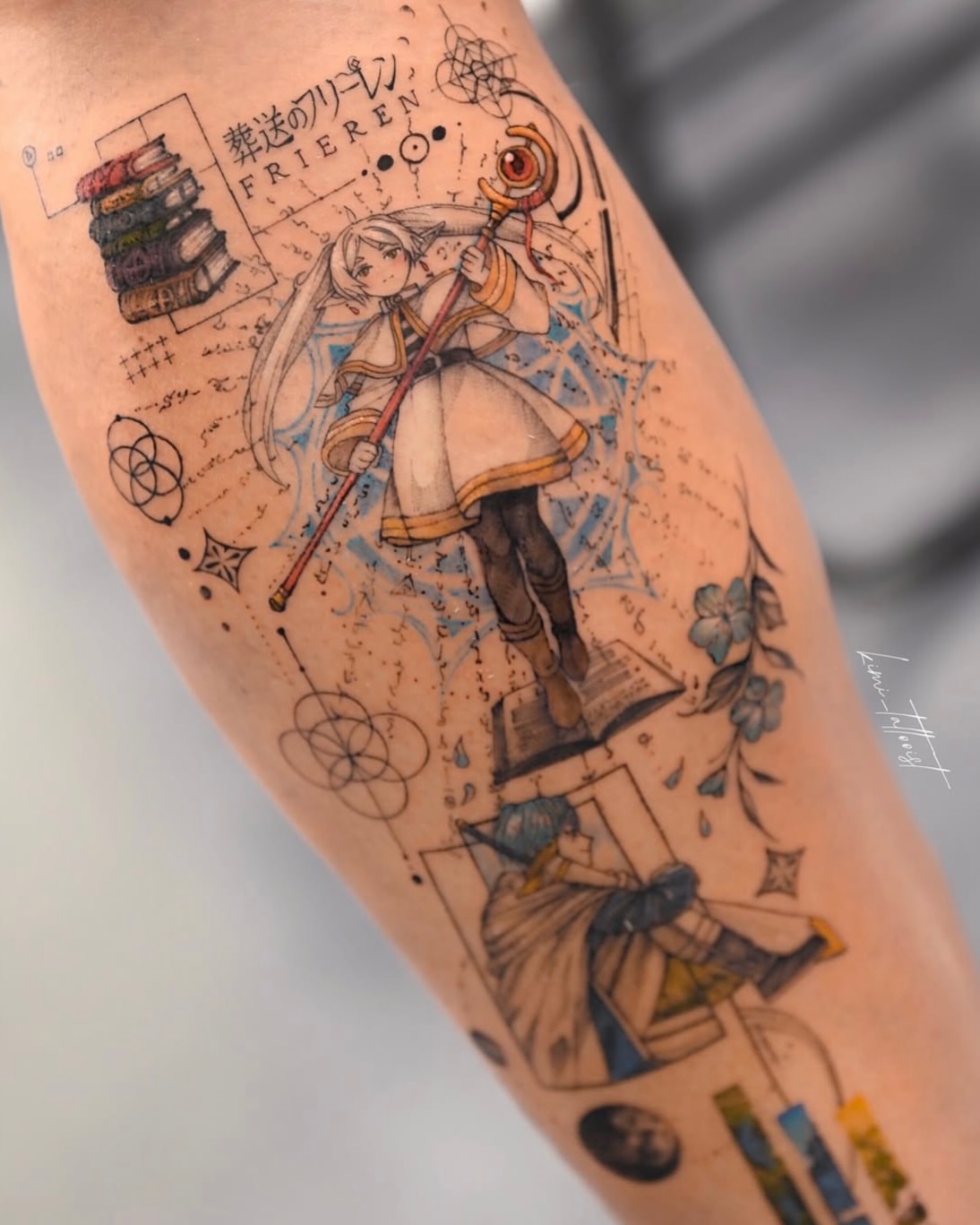 Anime character with staff anime tattoo on the forearm by Kimi