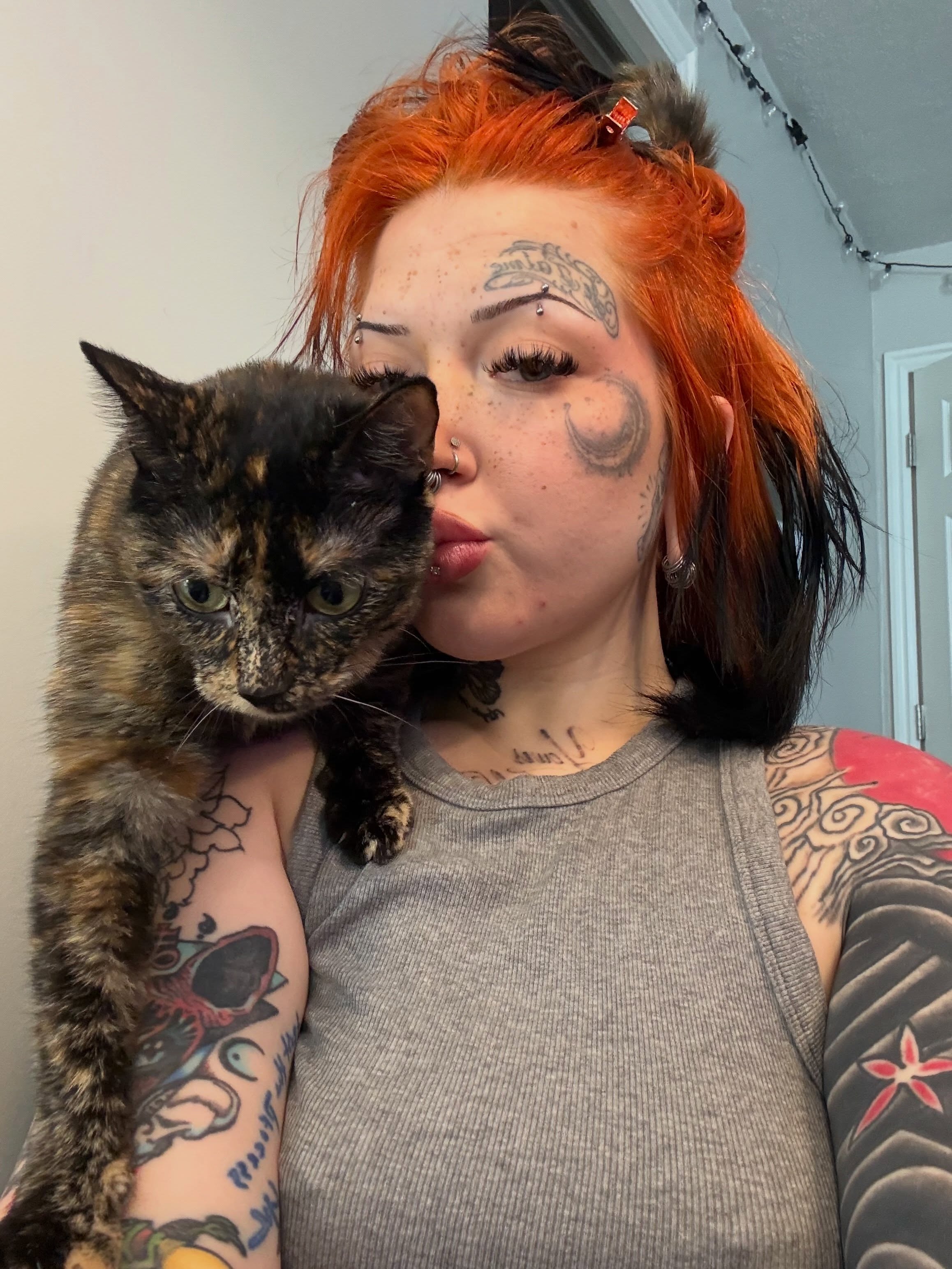Cat American traditional tattoo on the upper arm by Kait