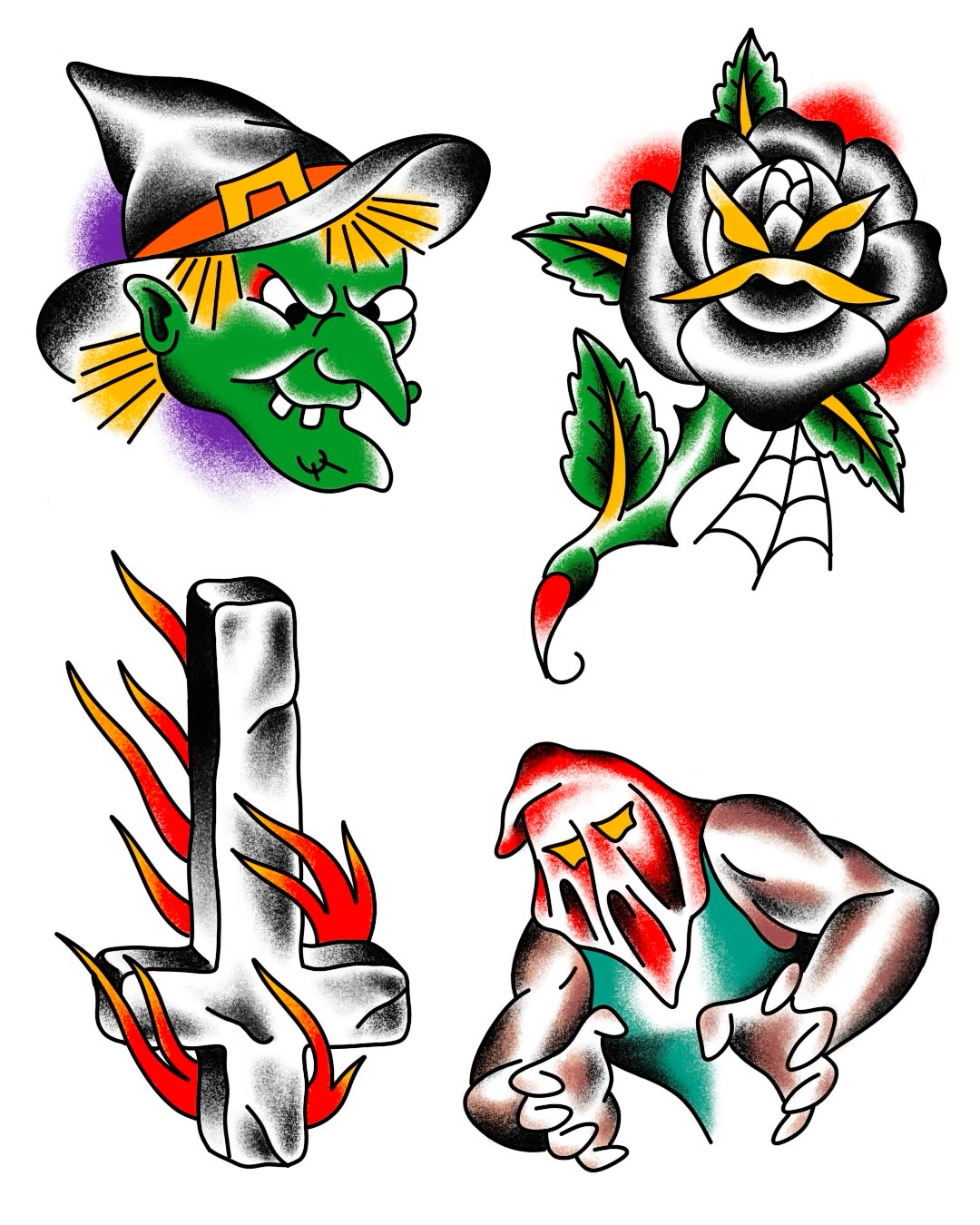 Witch, rose, cross, clown American traditional tattoo by ★ ★ ★ Matt Reinstone ★ ★ ★