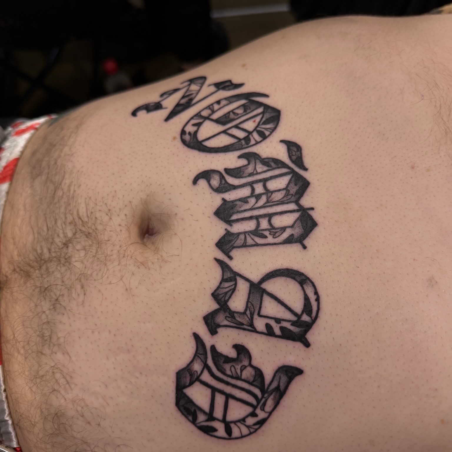 Word 'NO' black and grey tattoo on the thigh by rocky love