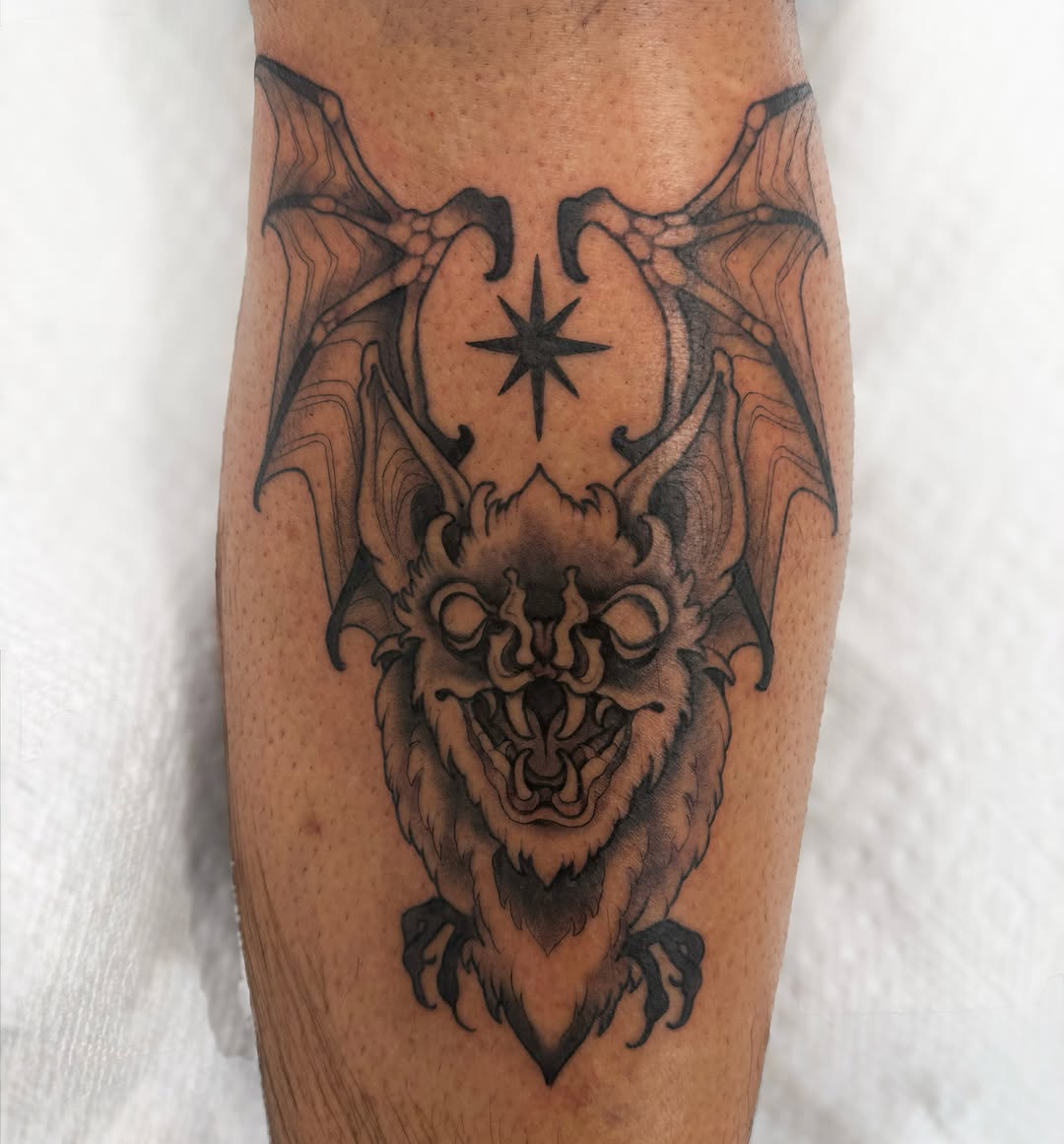 Bat realism tattoo on the forearm by Kaitlyn Brebner