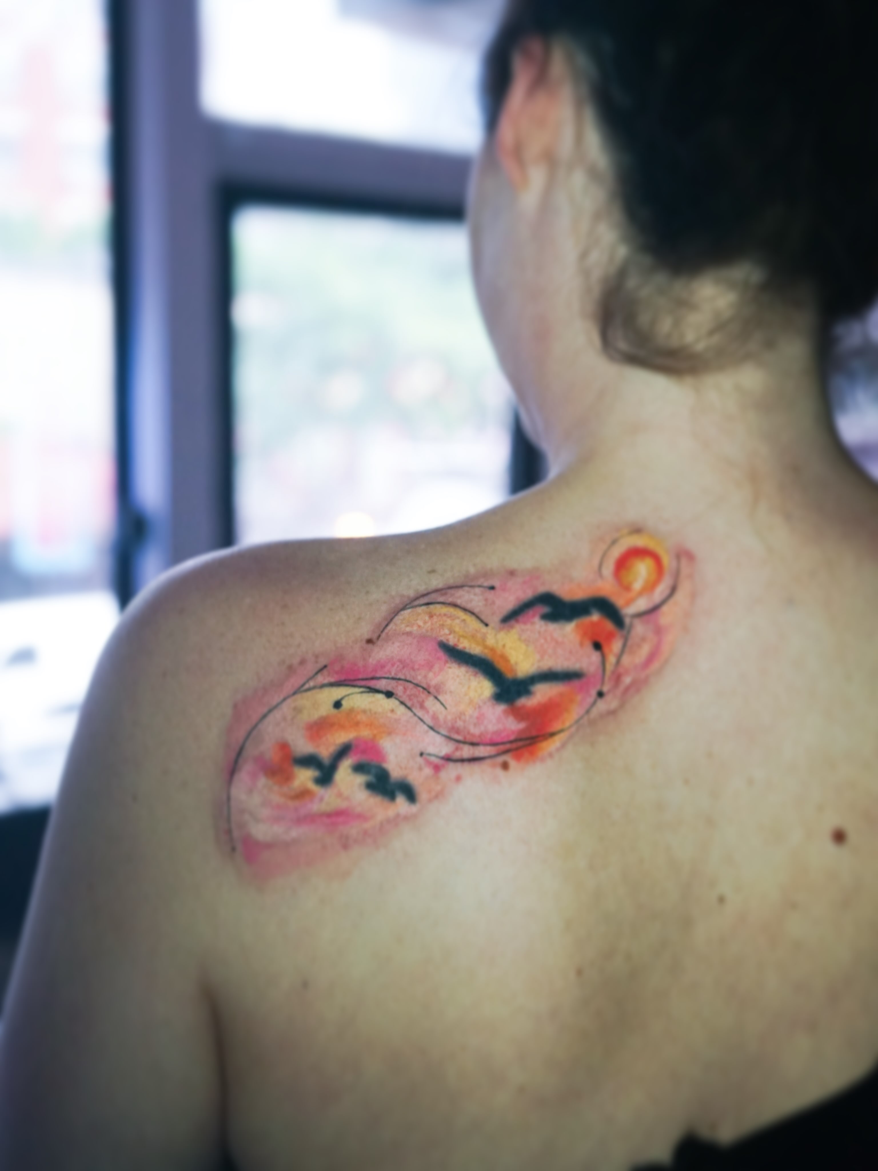 Abstract design watercolor tattoo on the shoulder by Nyahzul - Glitch Tattoo Artist NYC