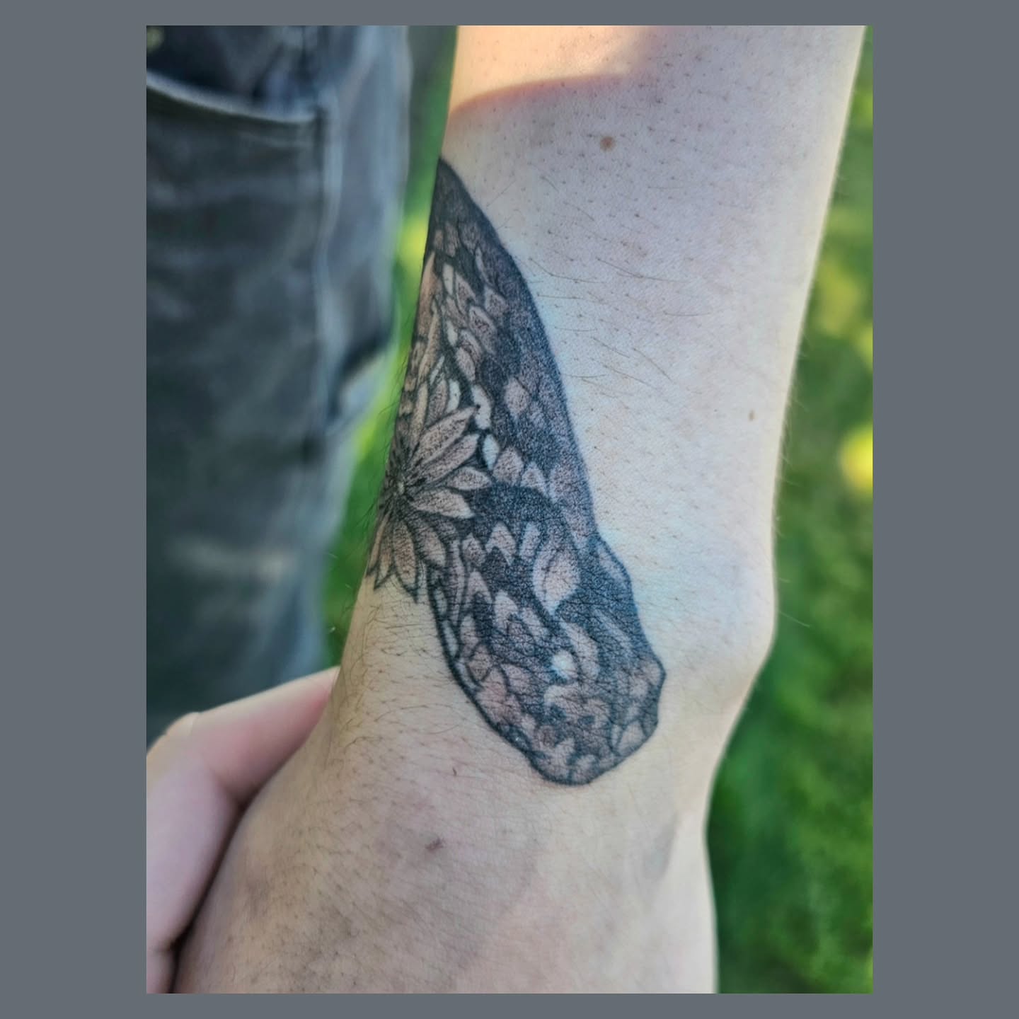 Snake black and grey tattoo on the forearm by The Fabled Tattooist (Alyssa Summers), Eagle Point, Oregon