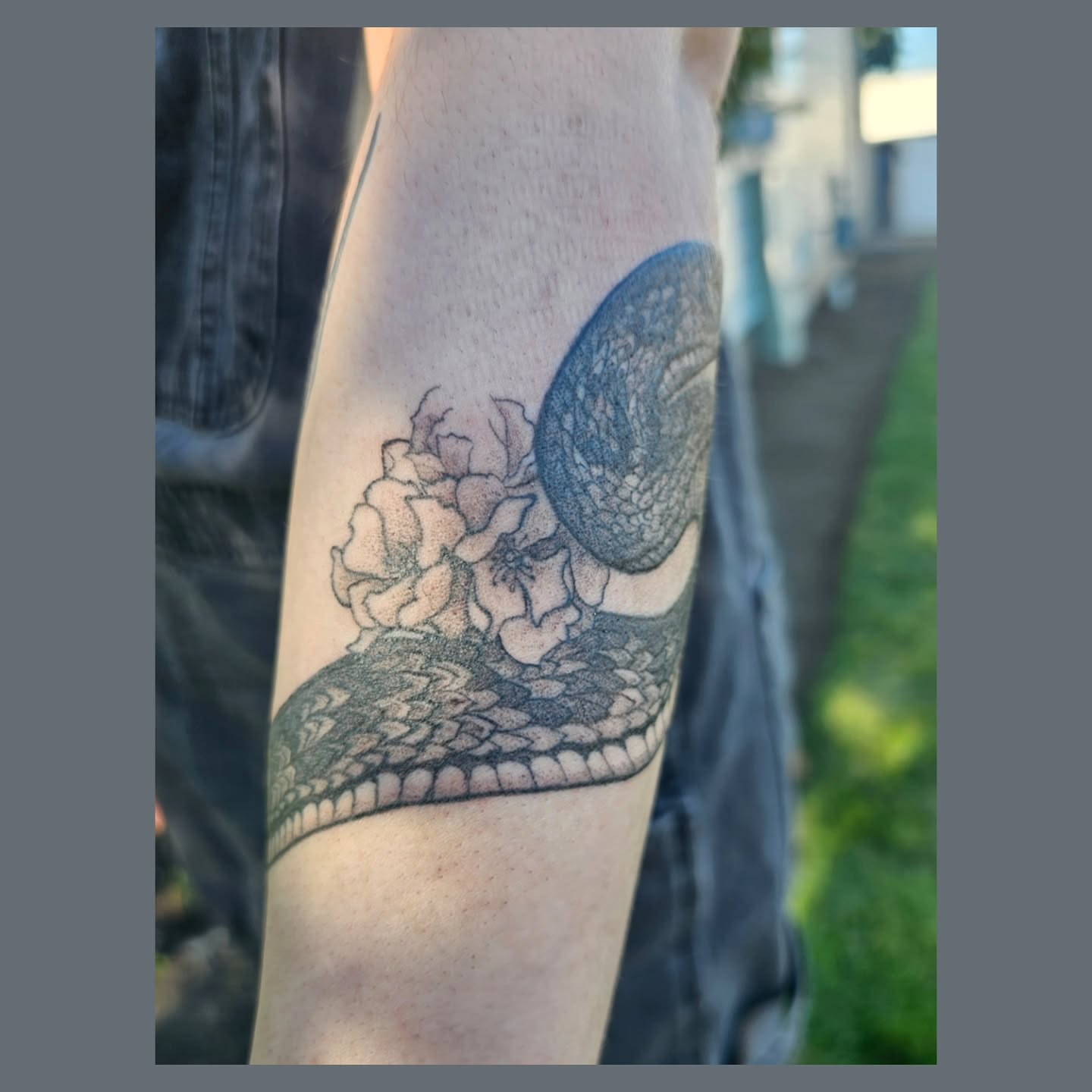 Snake and peony dotwork tattoo on the forearm by The Fabled Tattooist (Alyssa Summers), Eagle Point, Oregon