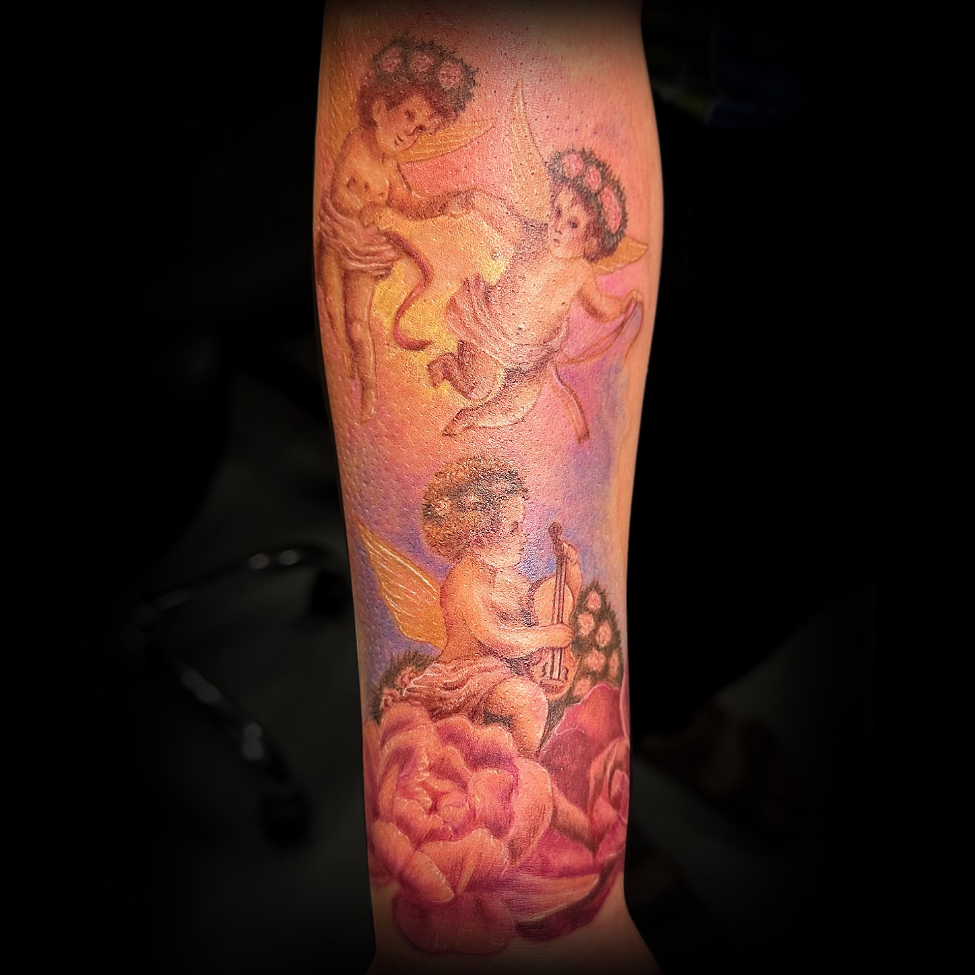 Cherubs and roses neo-traditional tattoo on the forearm by 🌜🔮✨Anya Casey✨🔮🌛