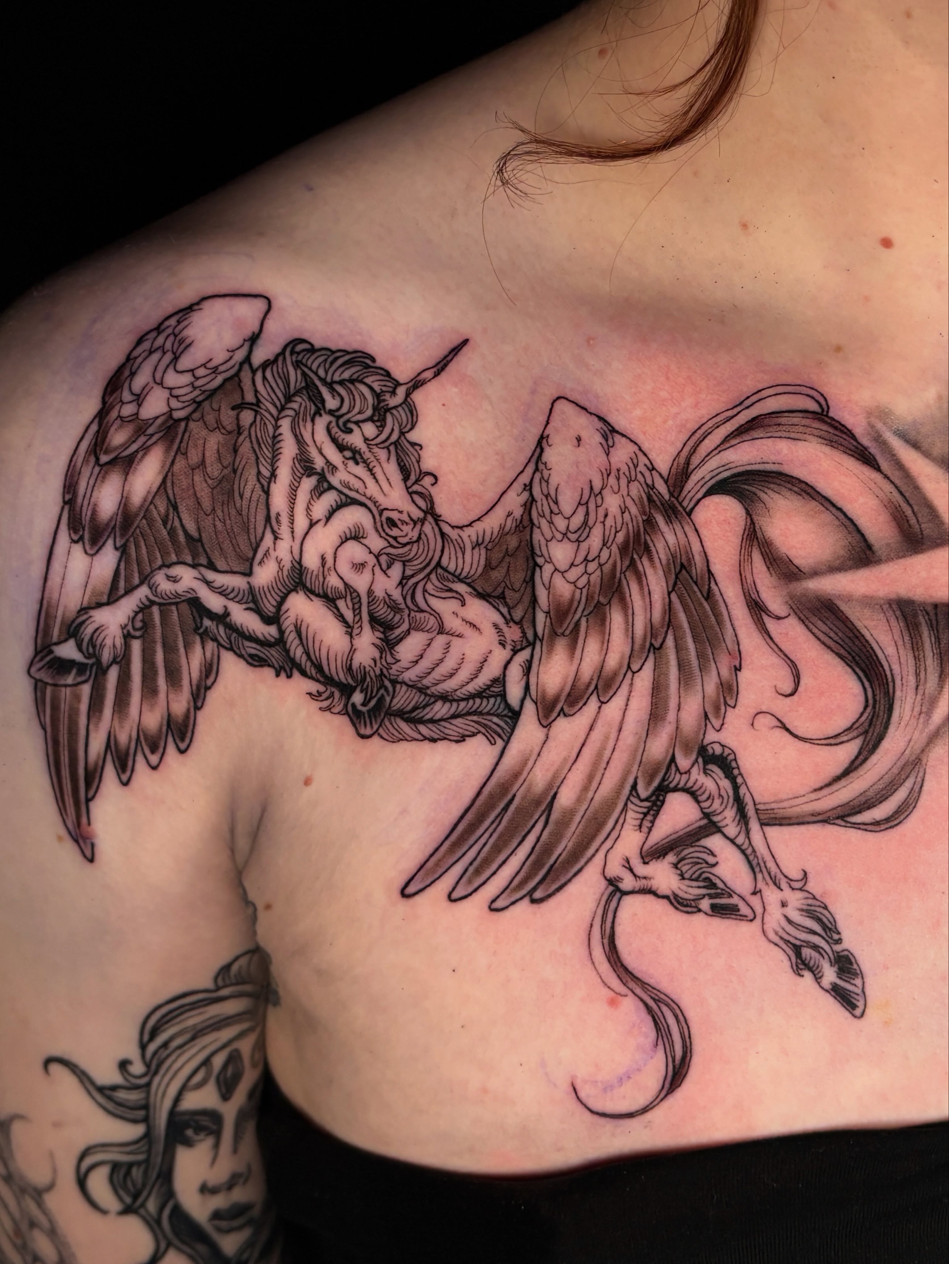 Pegasus black and grey tattoo on the shoulder by katie, Seattle, Washington