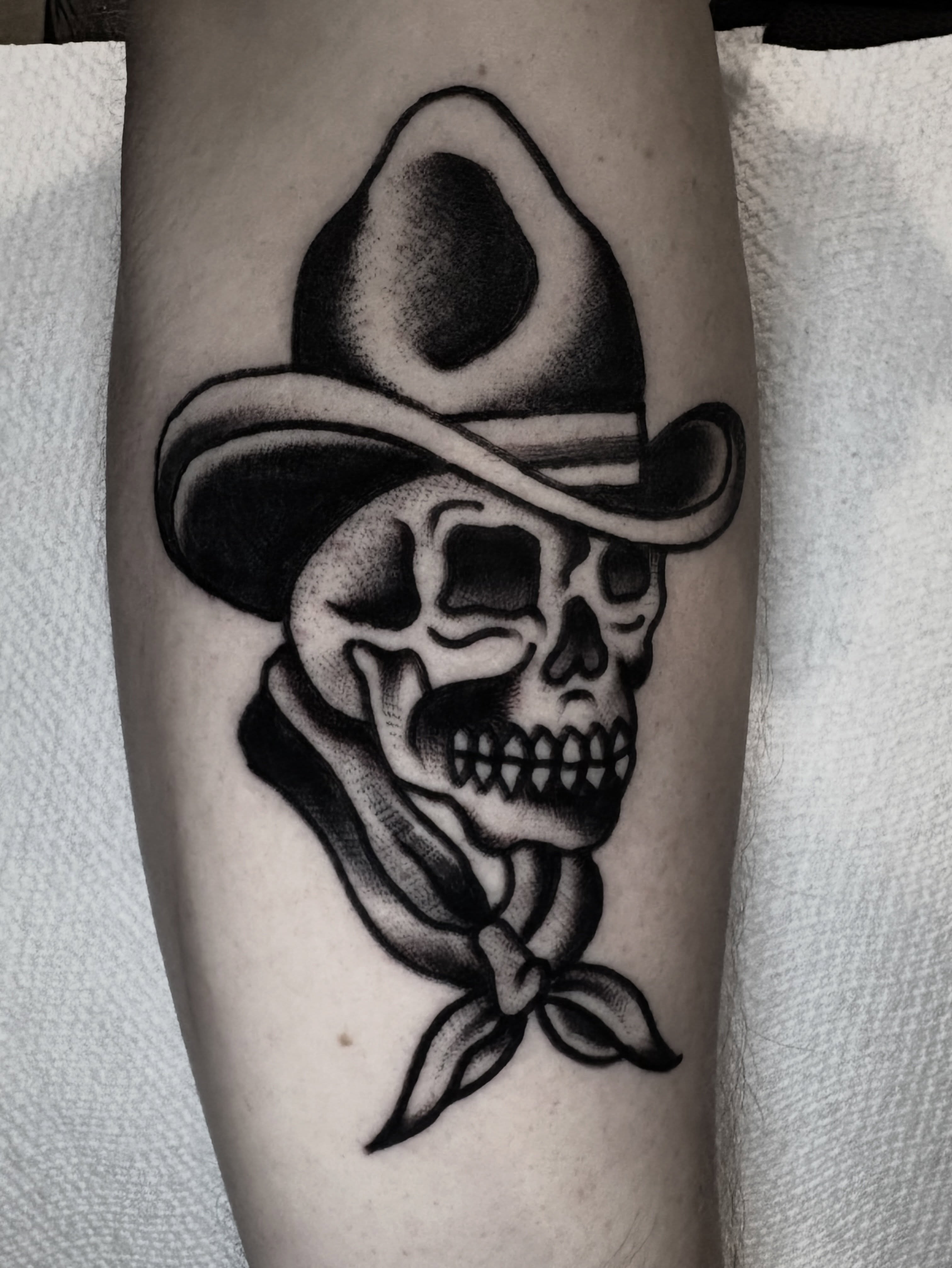 Cowboy skull black and grey tattoo on the forearm by π³πππ πΆπππππ