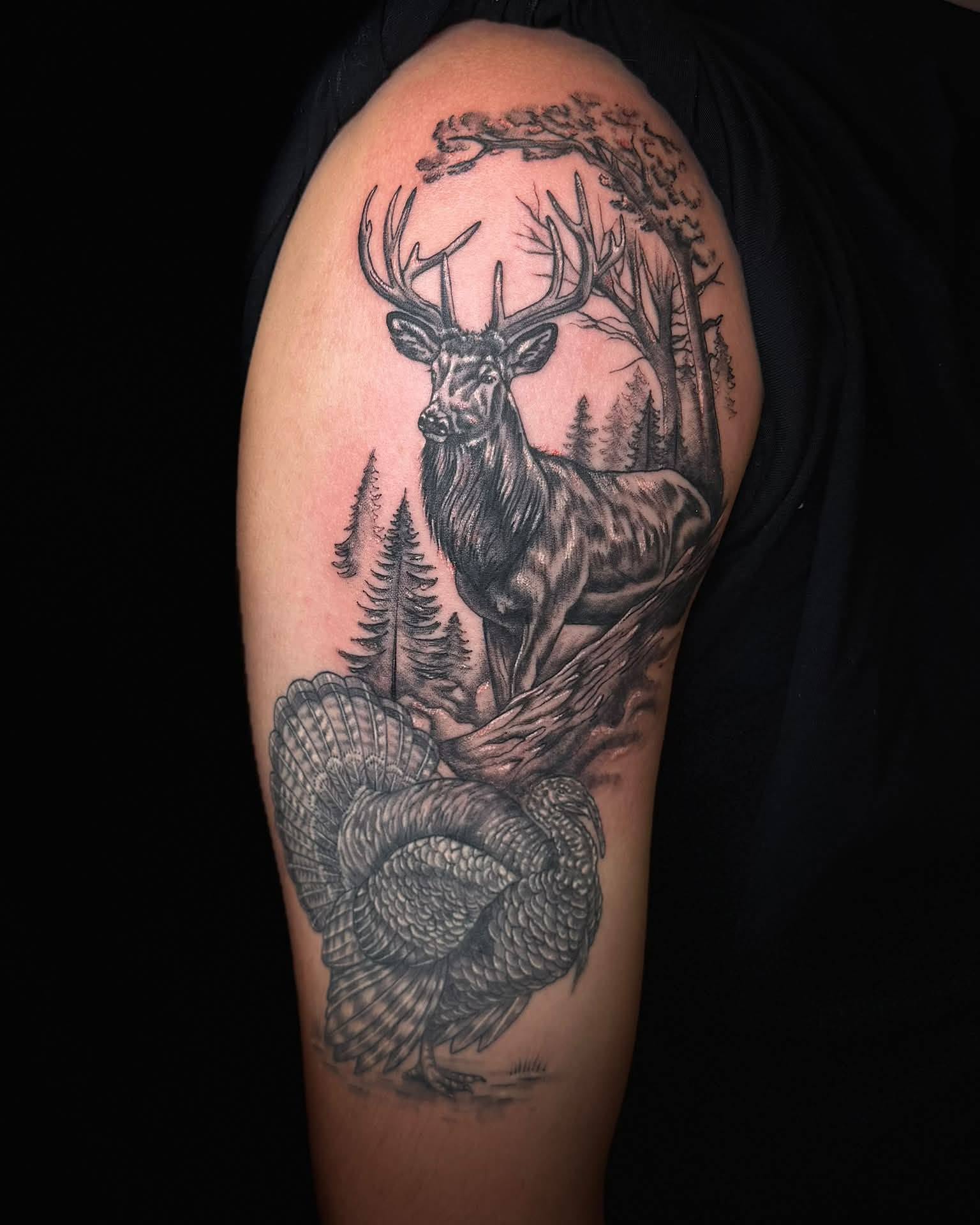 Deer and turkey realism tattoo on the shoulder by Eden Rose, Kalama, Washington