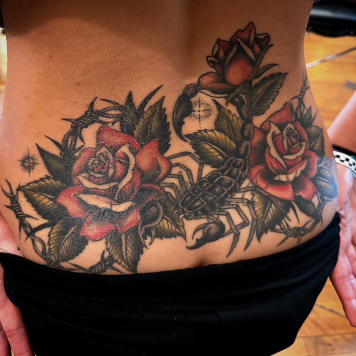 Scorpion and roses American traditional tattoo on the torso by Kat McCoy Guidera, Nashville, Tennessee