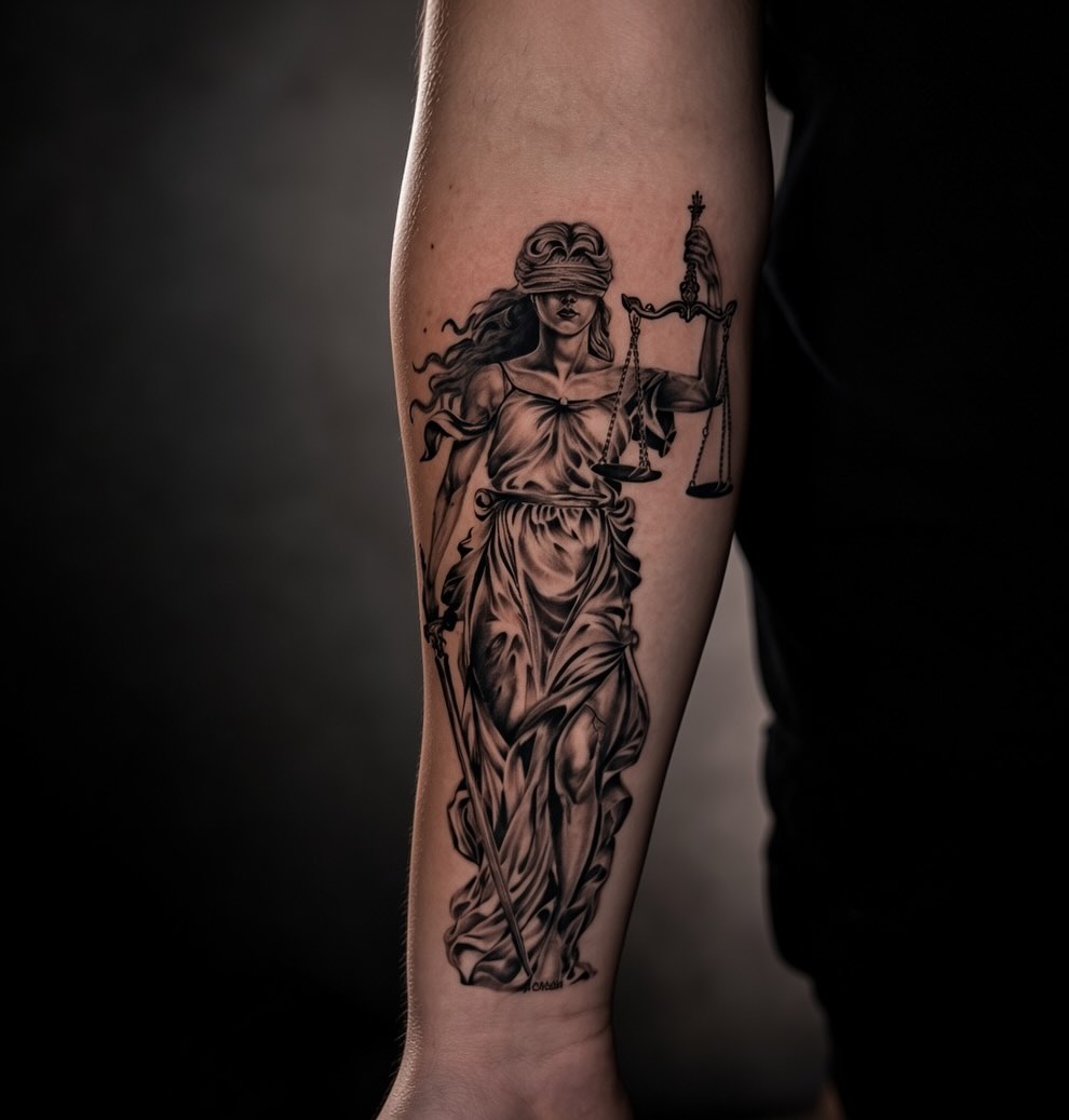 Lady Justice black and grey tattoo on the forearm by Jacob - Tattoo Artist