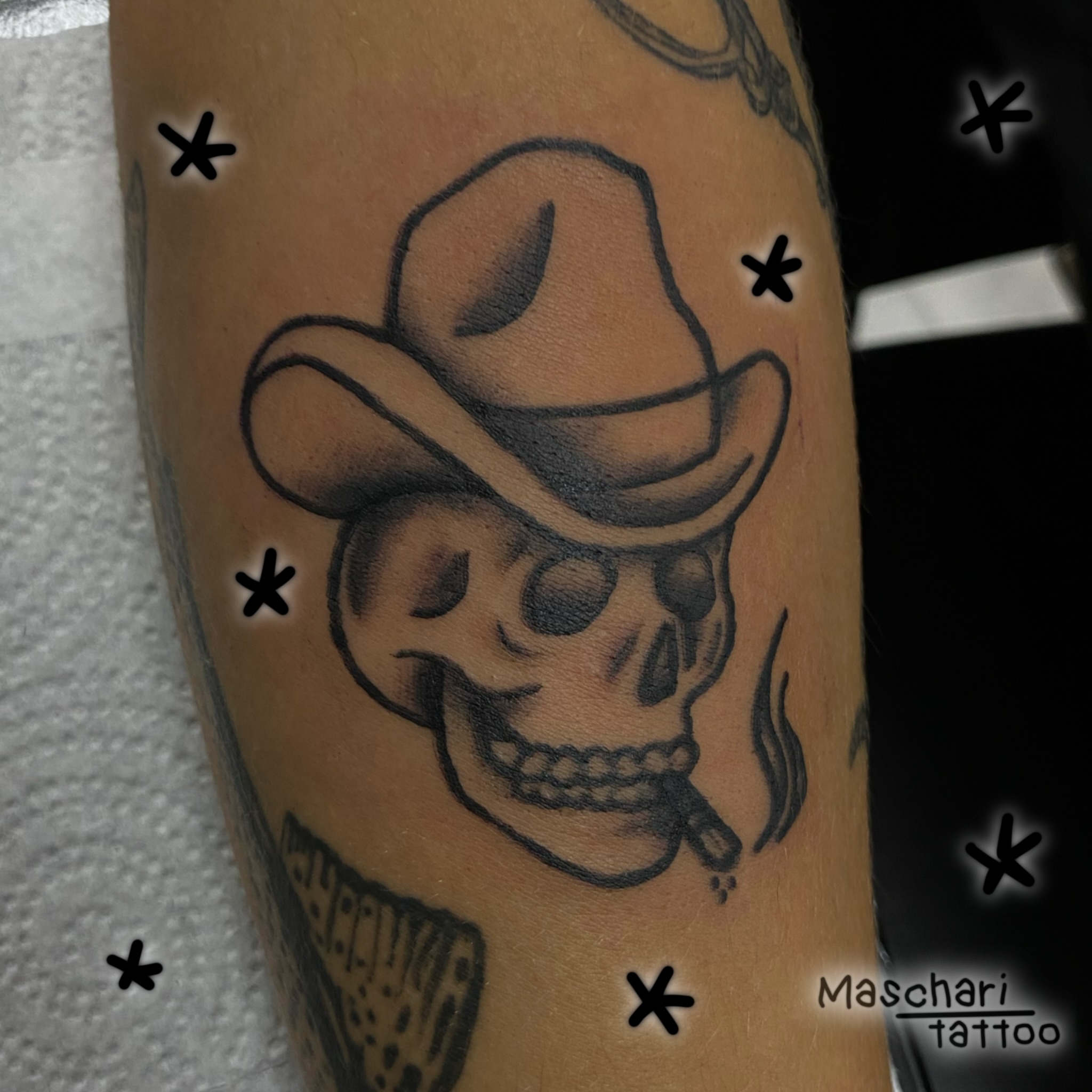 Cowboy skull American traditional tattoo on the forearm by ande
