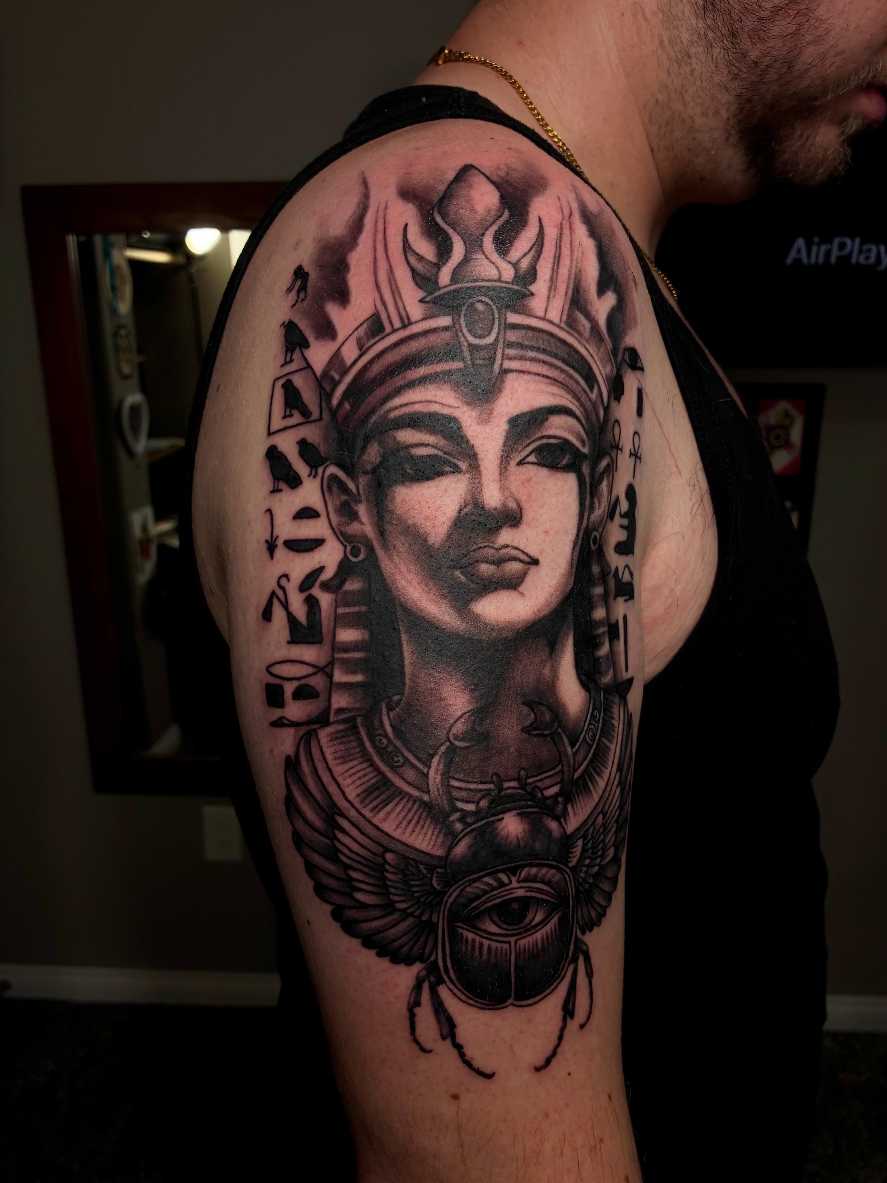 Egyptian deity realism tattoo on the shoulder by Nessa, Las Vegas, Nevada