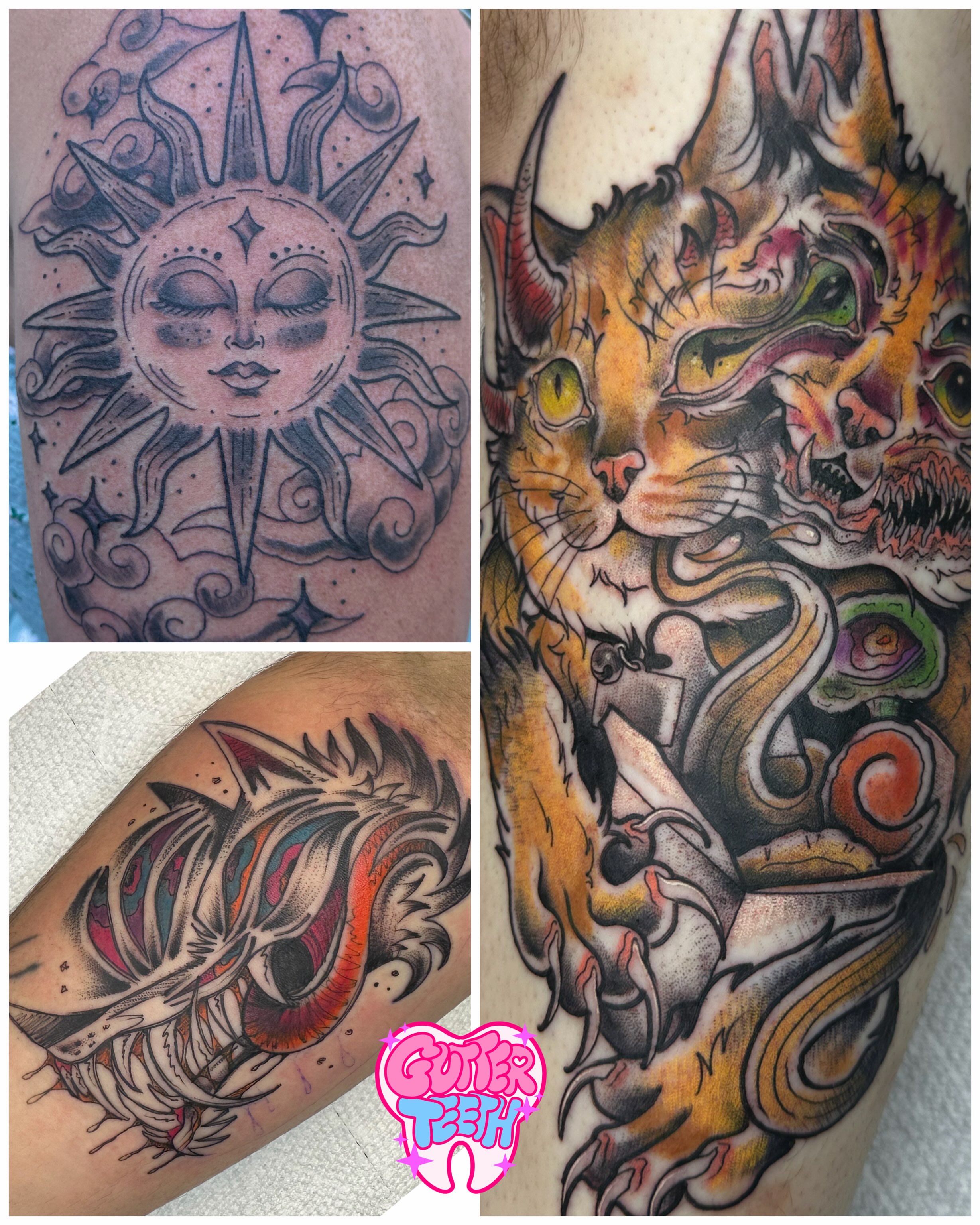 Sun and cat American traditional tattoo on the forearm by 🦷J.McHugh🦷
