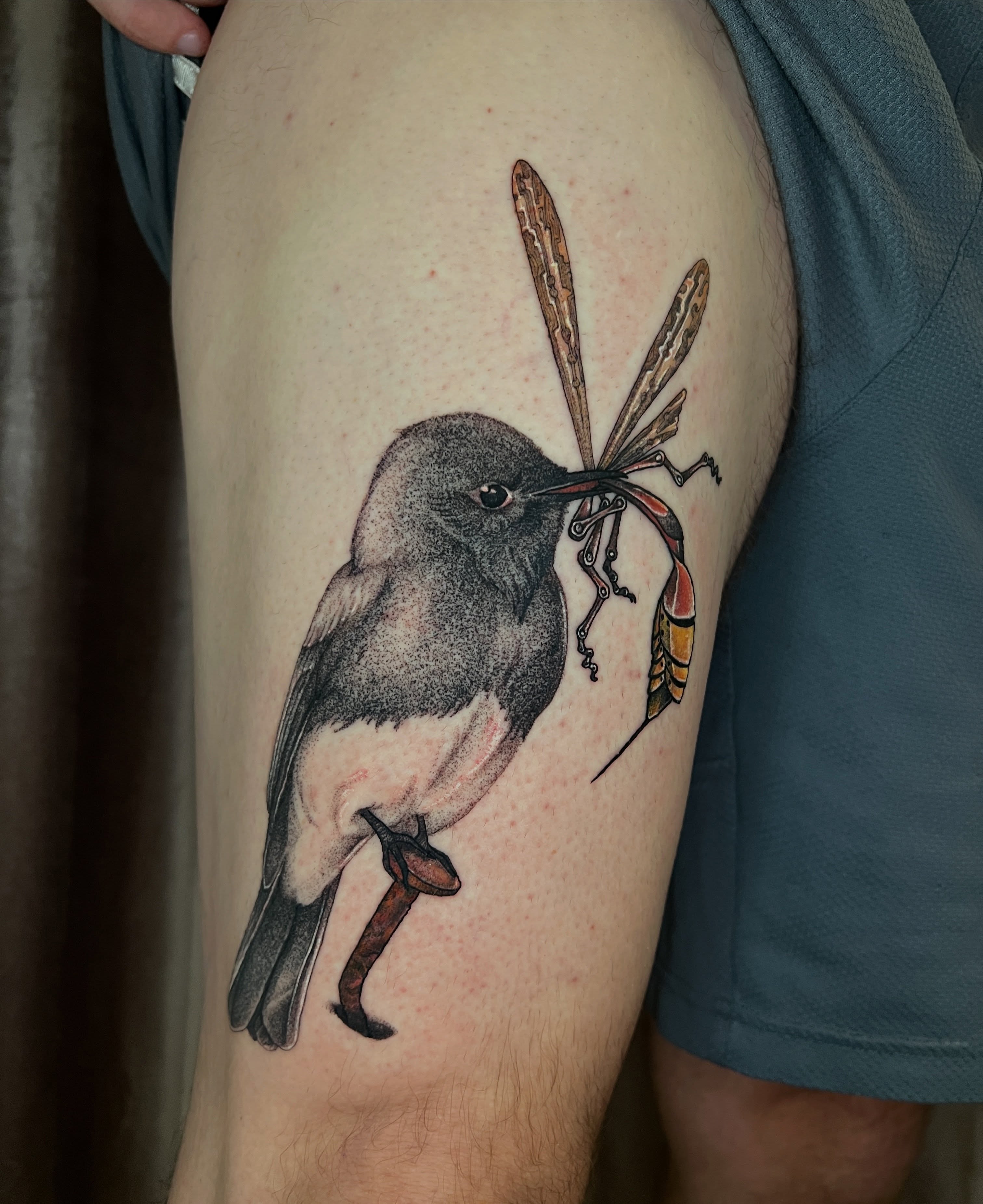 Bird with dragonfly dotwork tattoo on the thigh by ✨ Pata Pardee ✨ illustration tattoo
