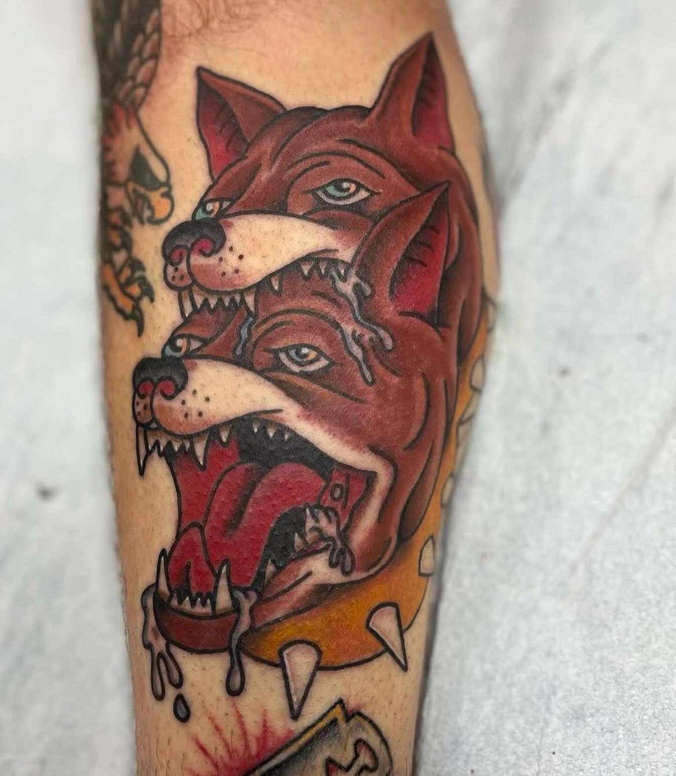 Angry wolves American traditional tattoo on the forearm by CRAIG B⛓️ Cincinnati Tattoo Artist