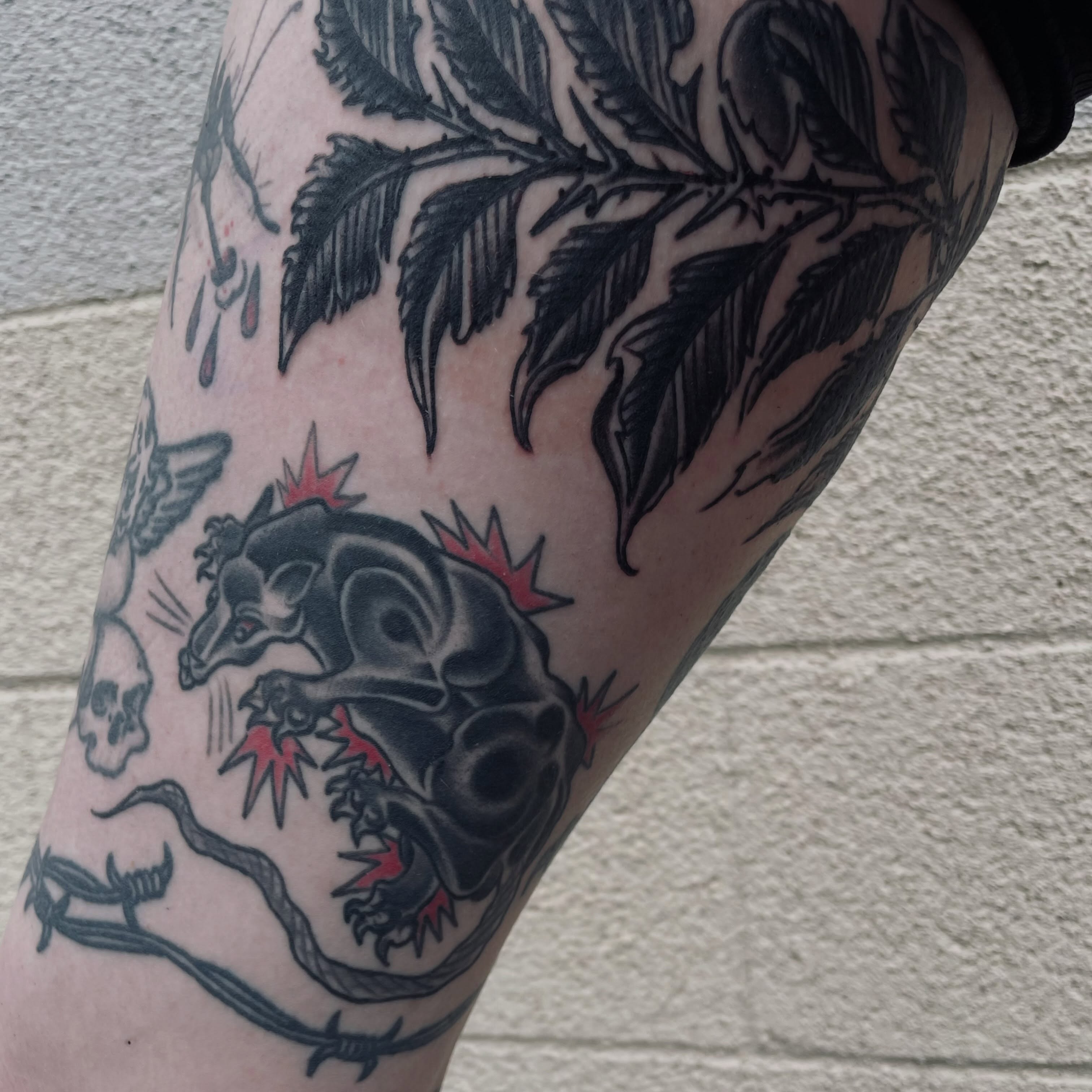 Roaring bear American traditional tattoo on the thigh by Christien Xavier Alba, Salt Lake City, Utah