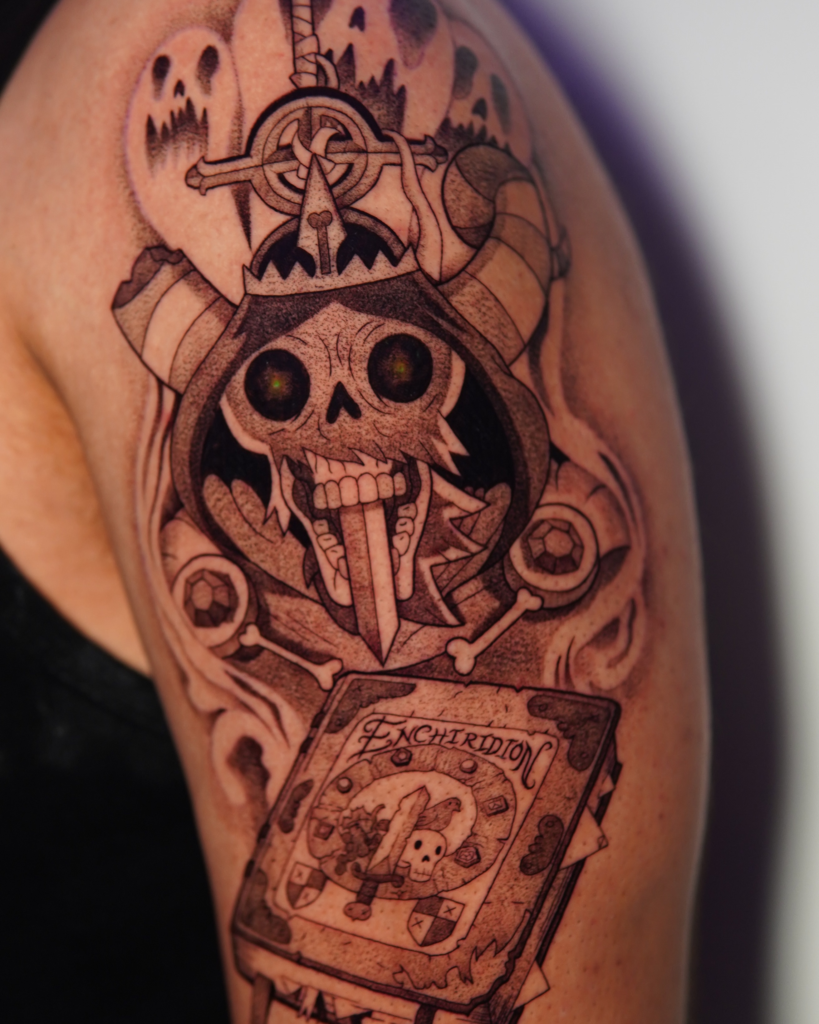 Skull and crown realism tattoo on the shoulder by Marissa S., Lansing, Michigan