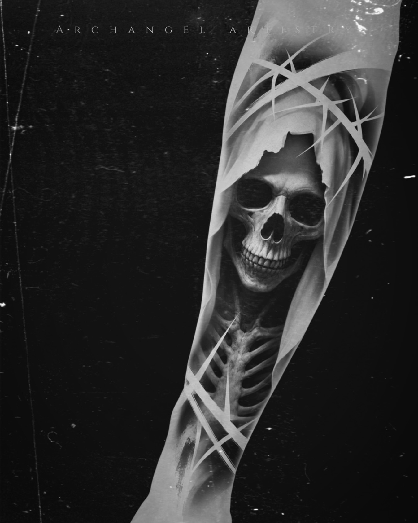 Skeleton dark realism tattoo on the forearm by Julian Olson