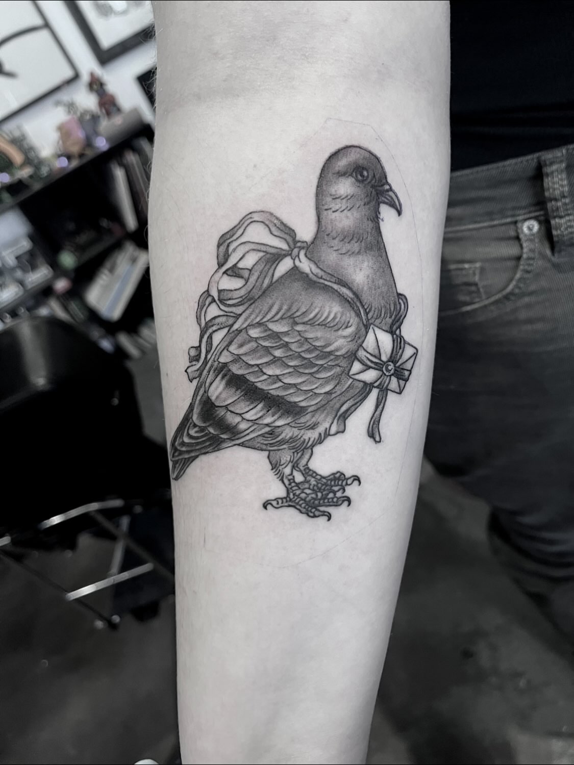Pigeon black and grey tattoo on the forearm by Nathan Esteras