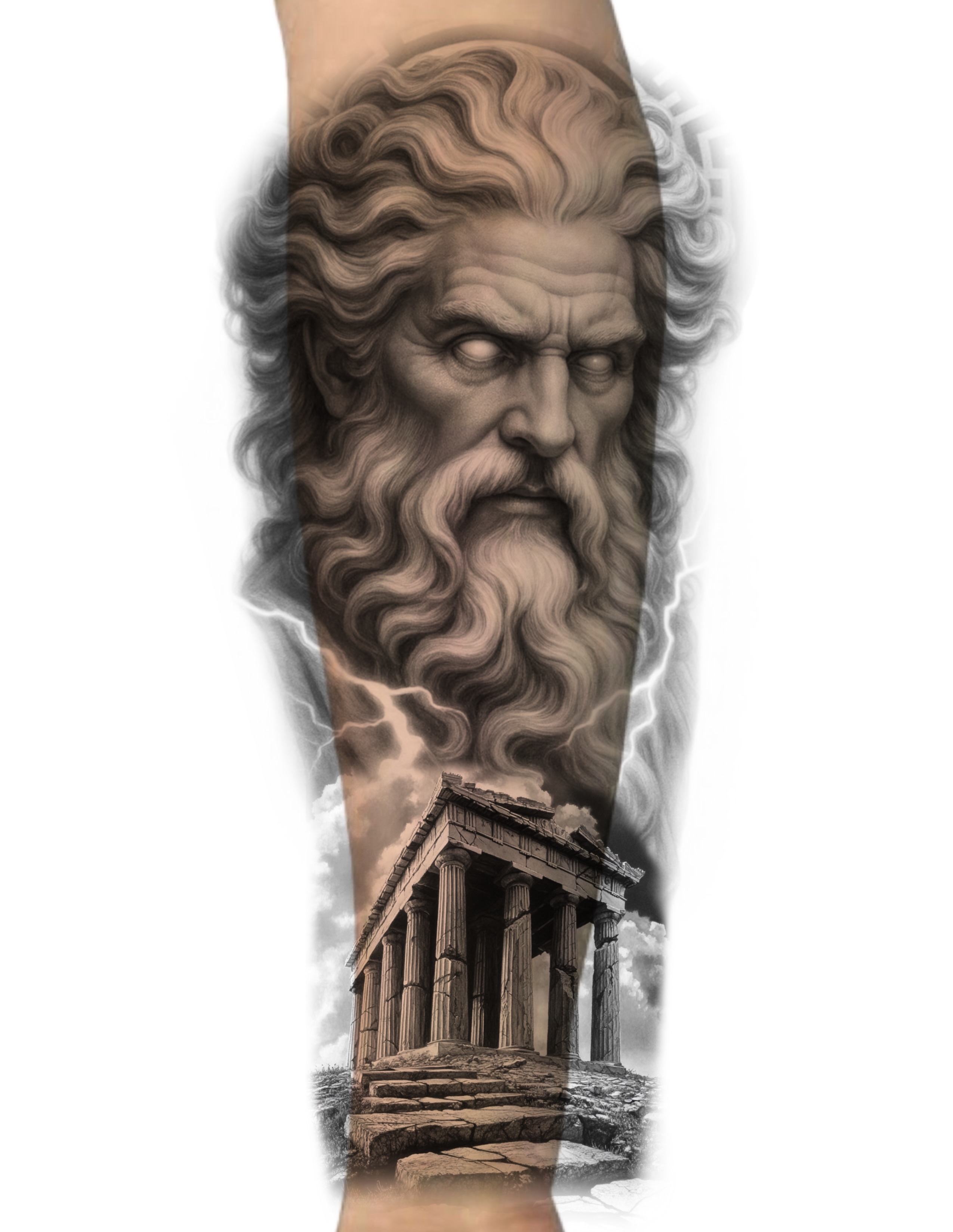 God-like figure with ancient temple realism tattoo on the forearm by Dallas Tattoo Artist