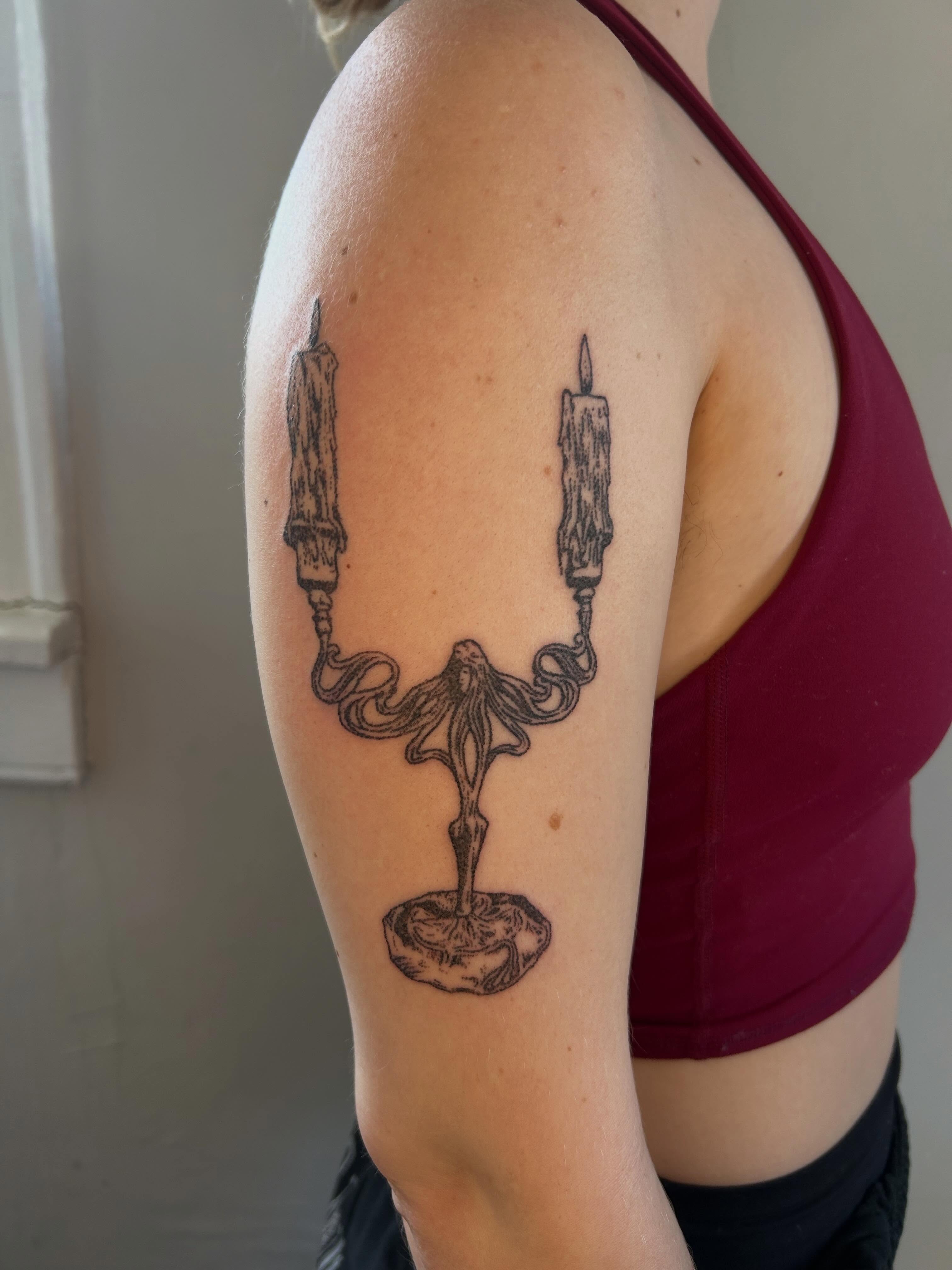 Candle holder black and grey tattoo on the shoulder by ˙⋆✮⋆˙‧₊˚✧ sophie ✧˚₊‧˙⋆✮⋆˙