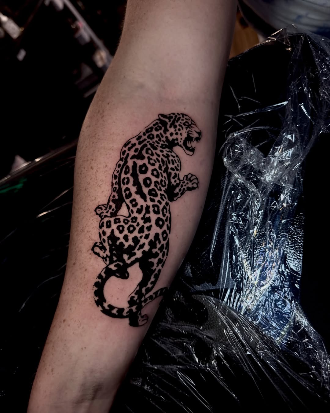 Leopard black and grey tattoo on the forearm by Heaven Arianna