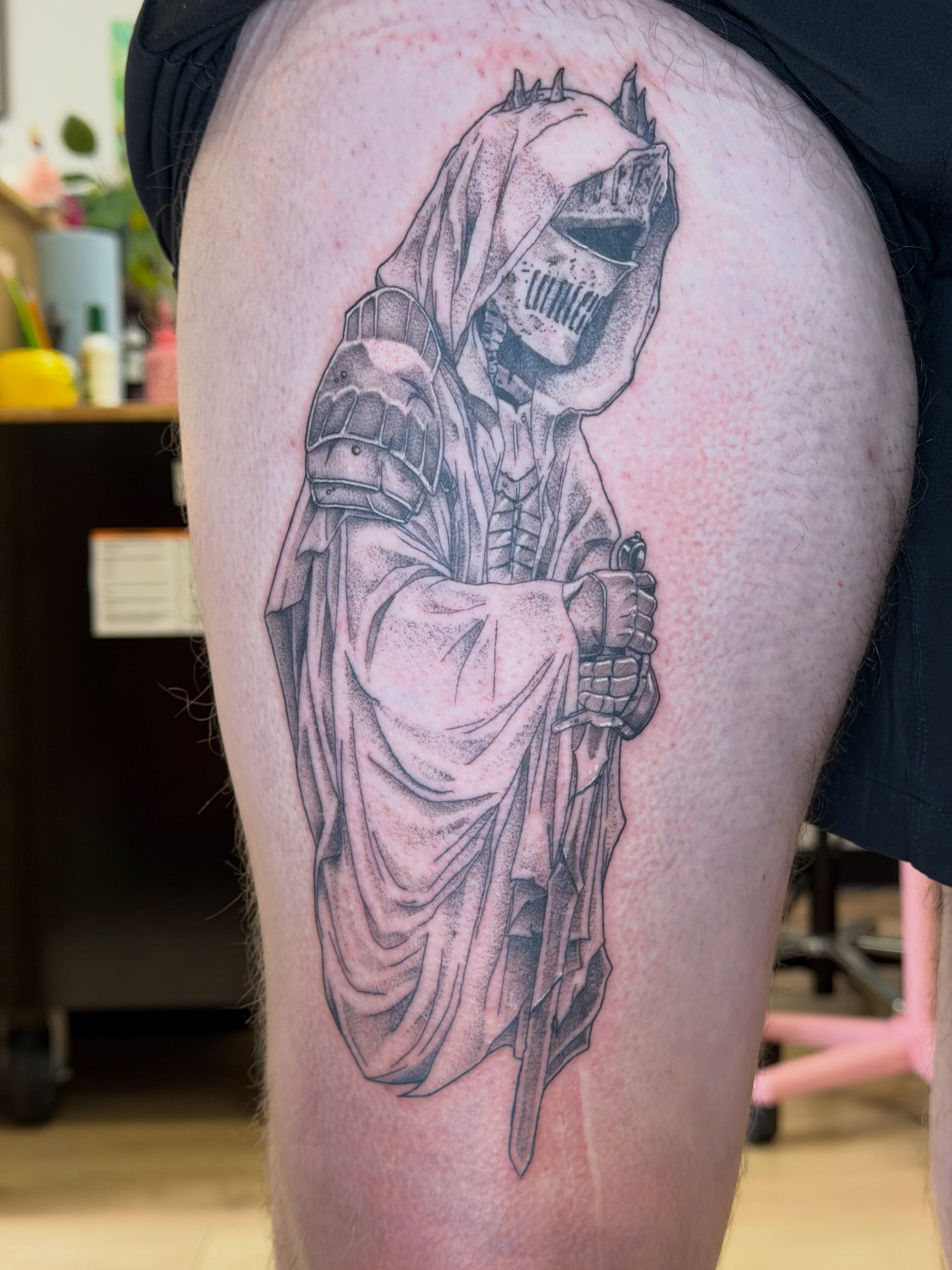 Reaper black and grey tattoo on the thigh by Stvn Geyer, Urbandale, Iowa