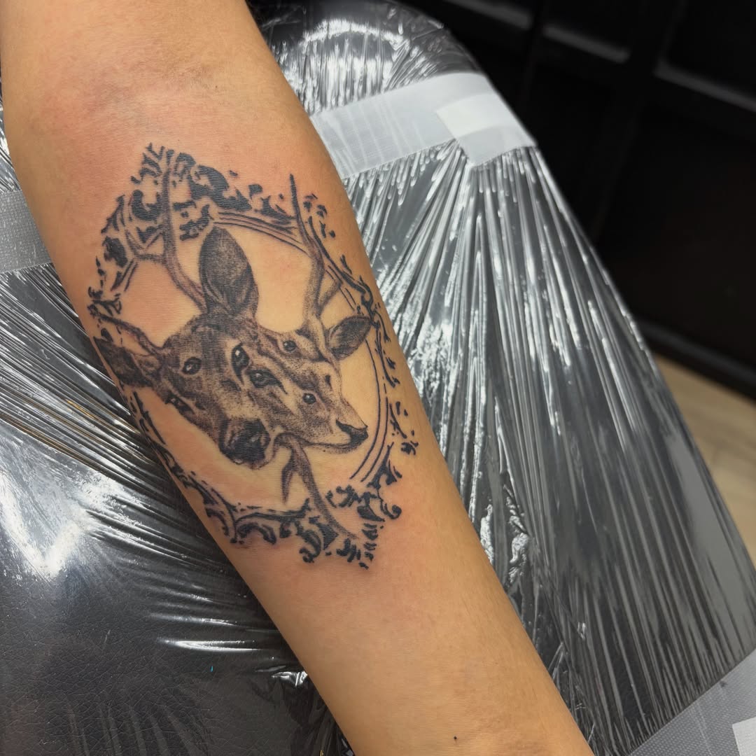 Deer black and grey tattoo on the forearm by Haley