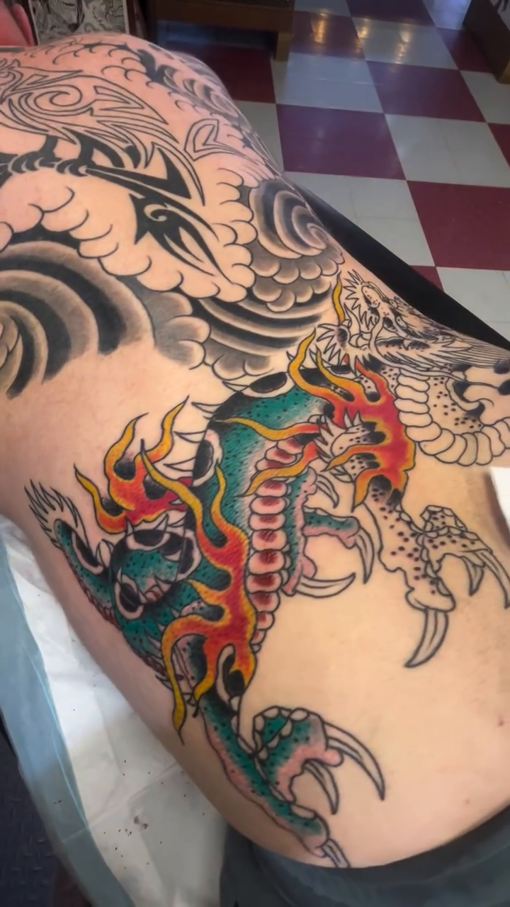 Dragon and waves japanese irezumi tattoo by Jim Rosal