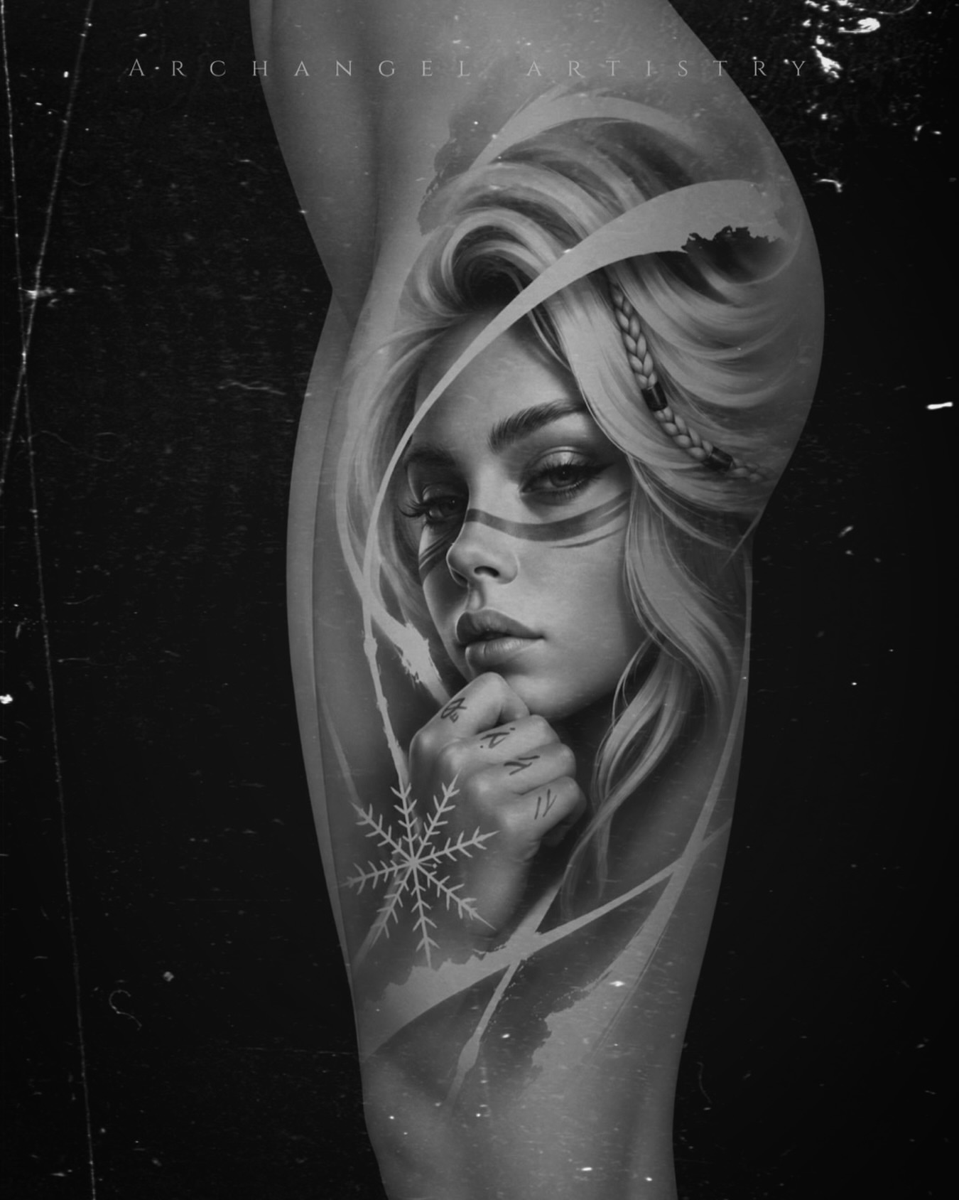 Winter portrait realism tattoo on the forearm by Julian Olson