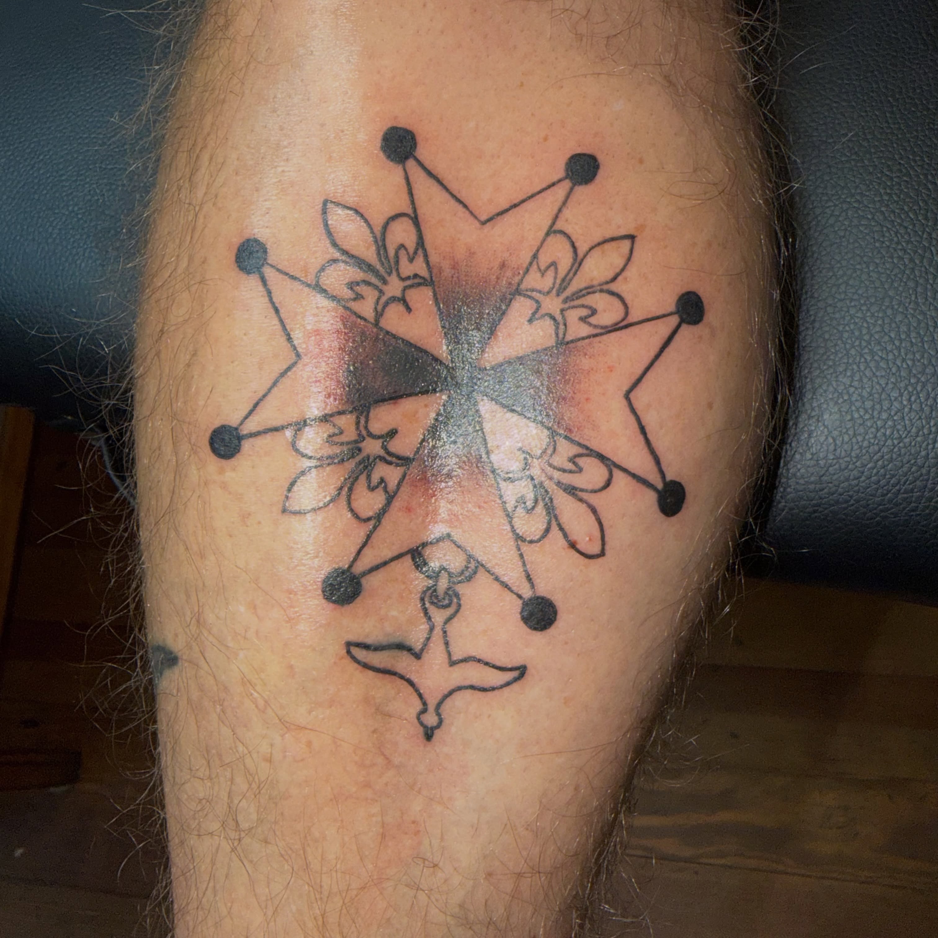 Snowflake geometric tattoo on the thigh by Addison Bruce
