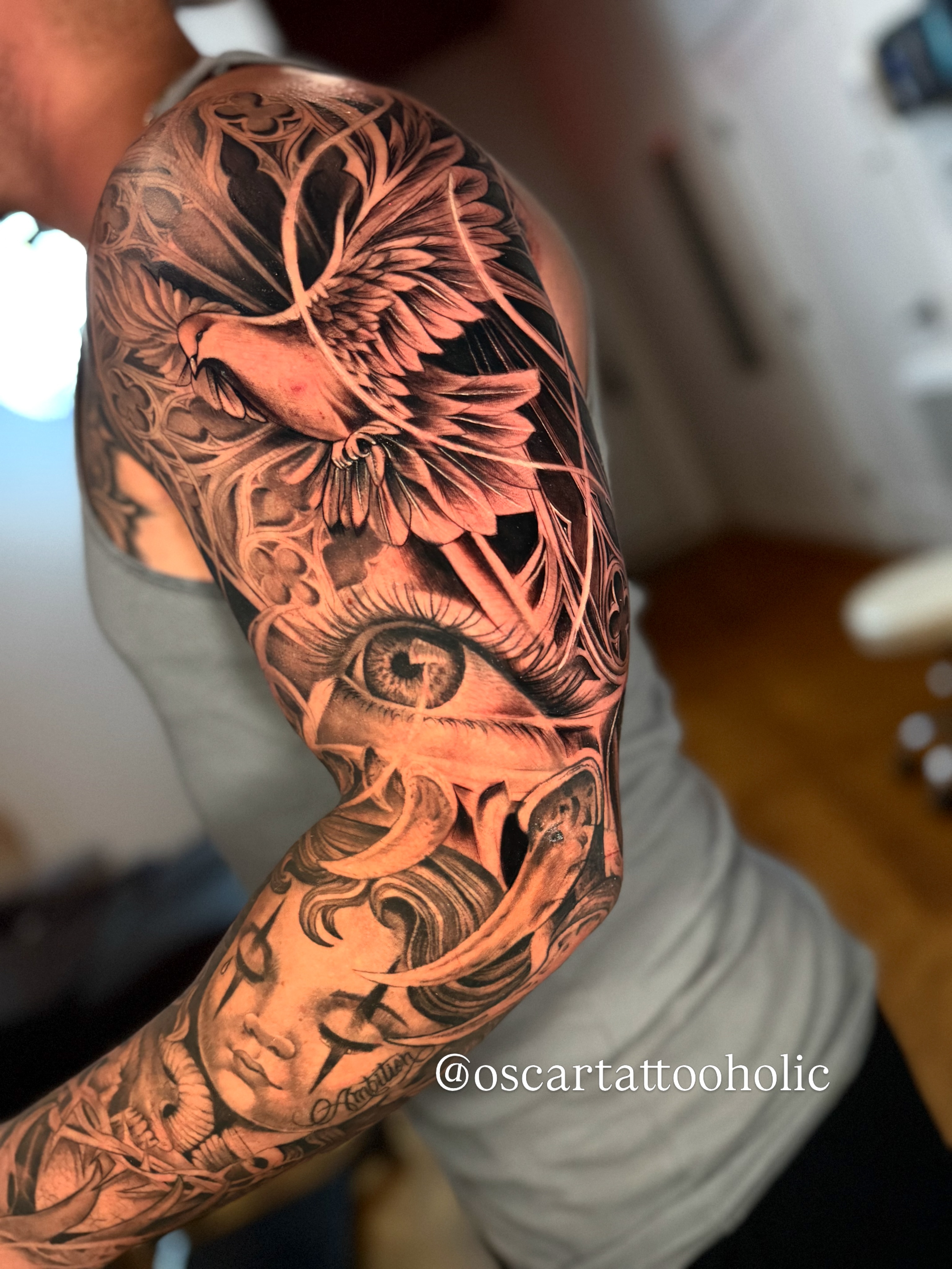 Tattoo by @oscartattooholic — black_and_grey, realism